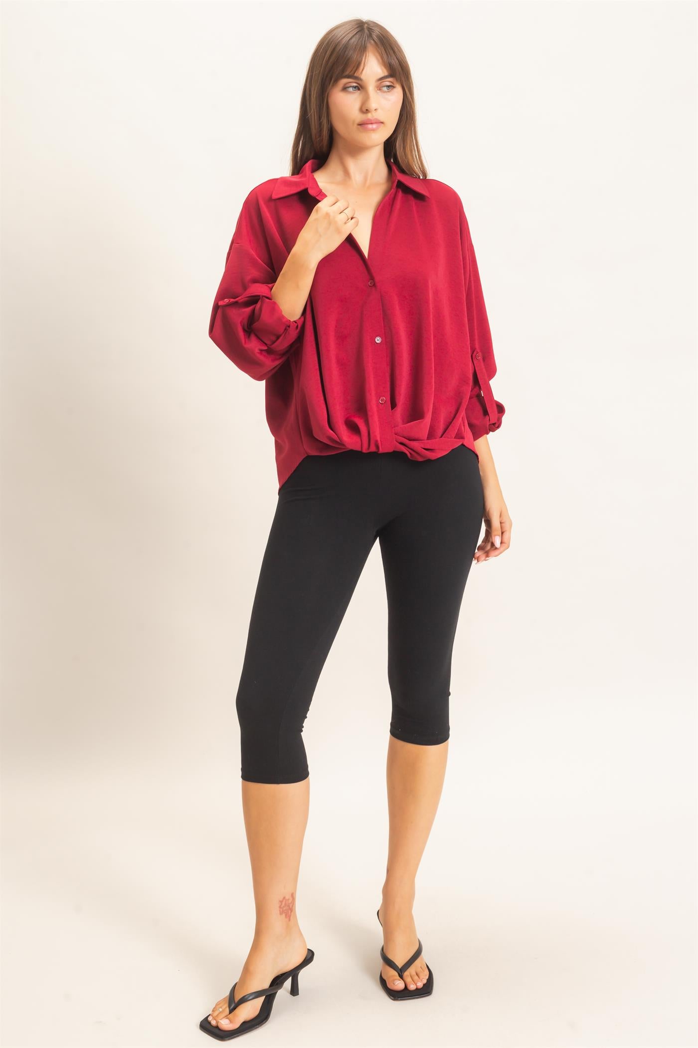 Wholesale Button-Up Dolman Sleeve Top Shirts HF26F070 BURGUNDY HYFVE