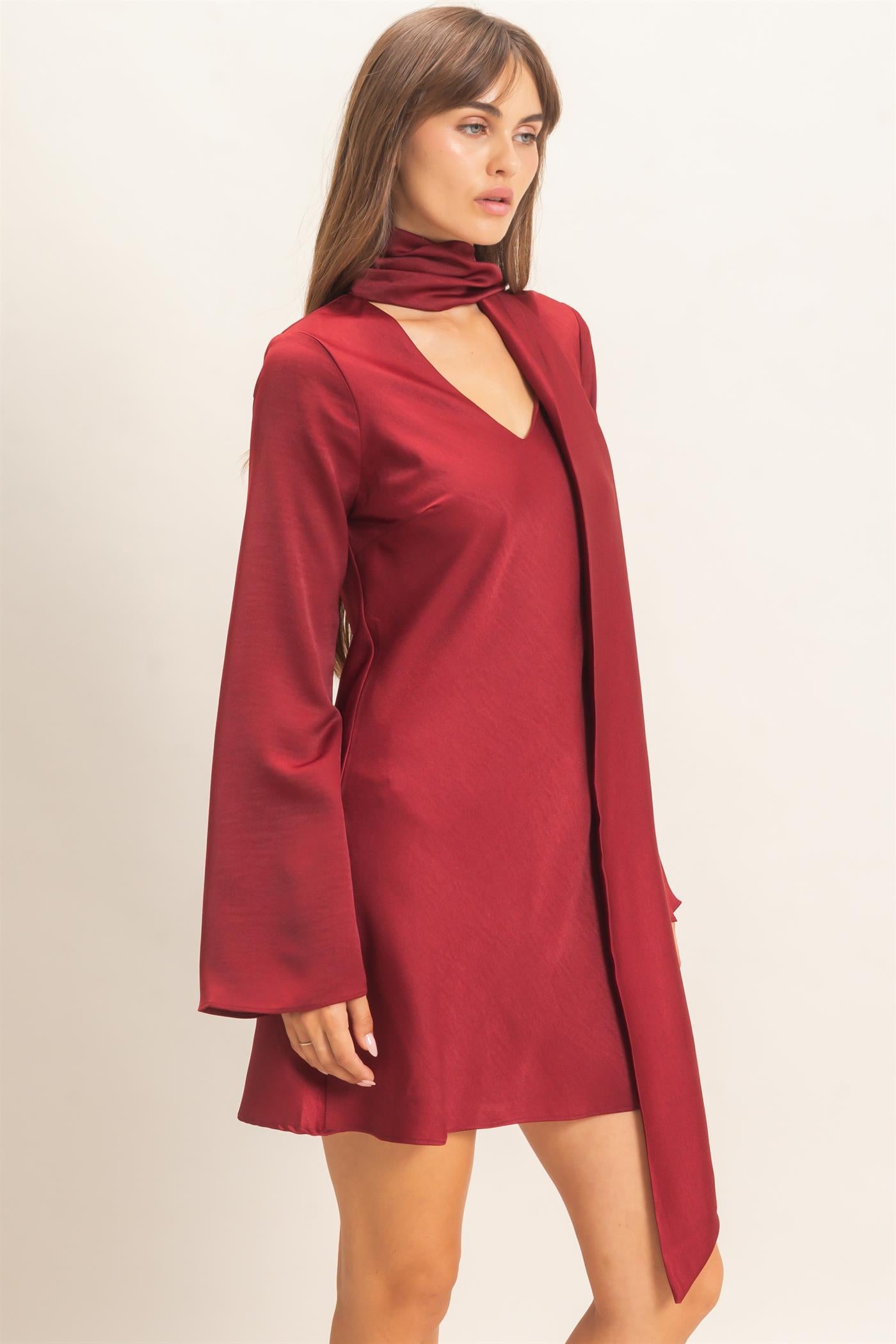 Wholesale Bias Satin Dress With Scarf Dresses HF26E928 BURGUNDY HYFVE