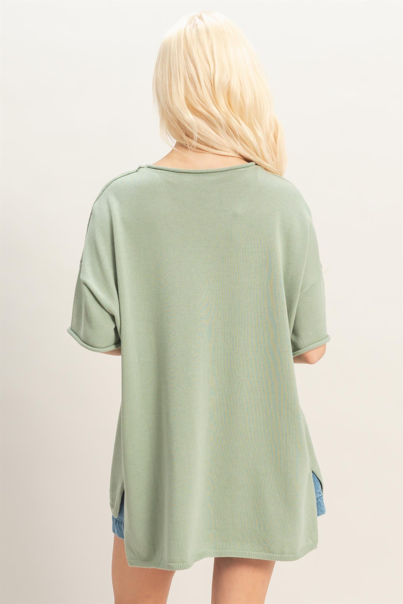 Wholesale Oversized Short Sleeve Round Neck Pocket Knit Top Clothing Tops DZ26A691 SAGE GREEN DOUBLE ZERO