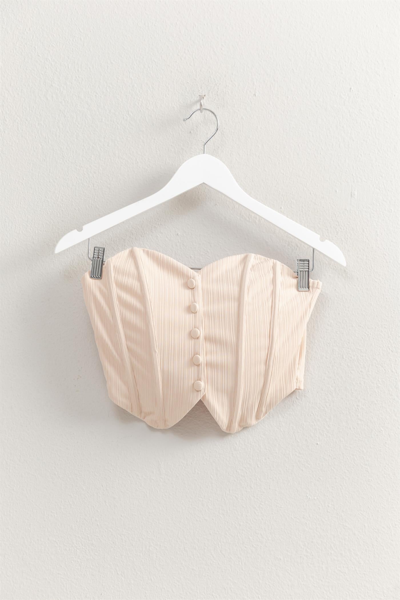 Wholesale Buttoned Front Strapless Knit Bustier Top Clothing Tops HF25A209 ALMOND HYFVE