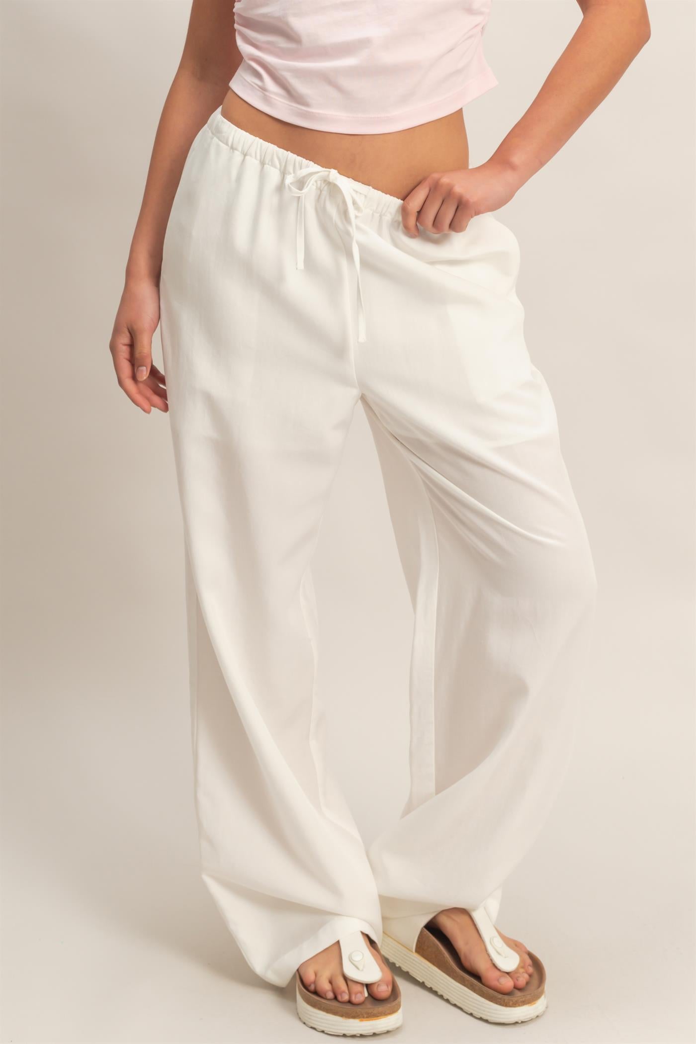 Wholesale Lyocell Linen Elastic Waist Straight Leg Pants Pants DZ26A979 WHITE DOUBLE ZERO