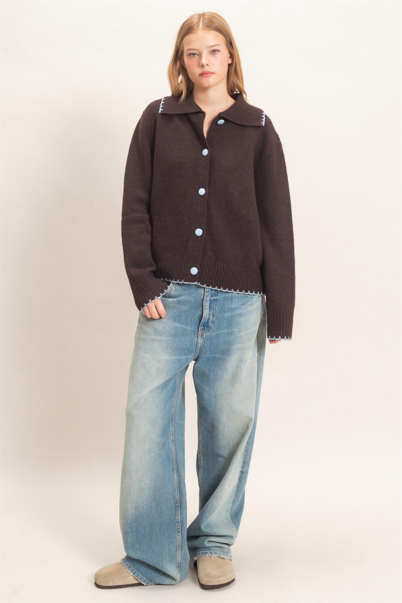 Wholesale Blanket Stitch Collared Cardigan Cardigans HF26F356 CHOCOLATE HYFVE