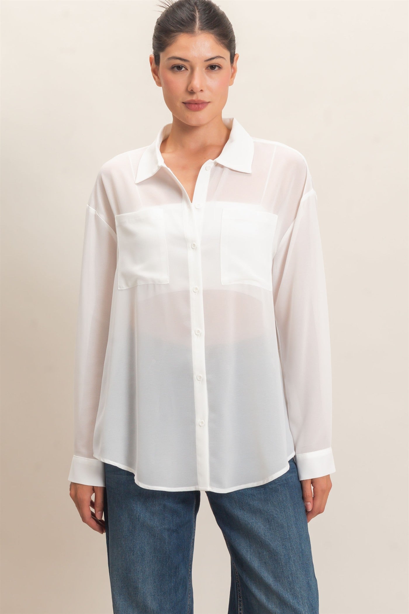 Wholesale Button-Down Collar Blouse Shirts HF26F067 OFF WHITE HYFVE