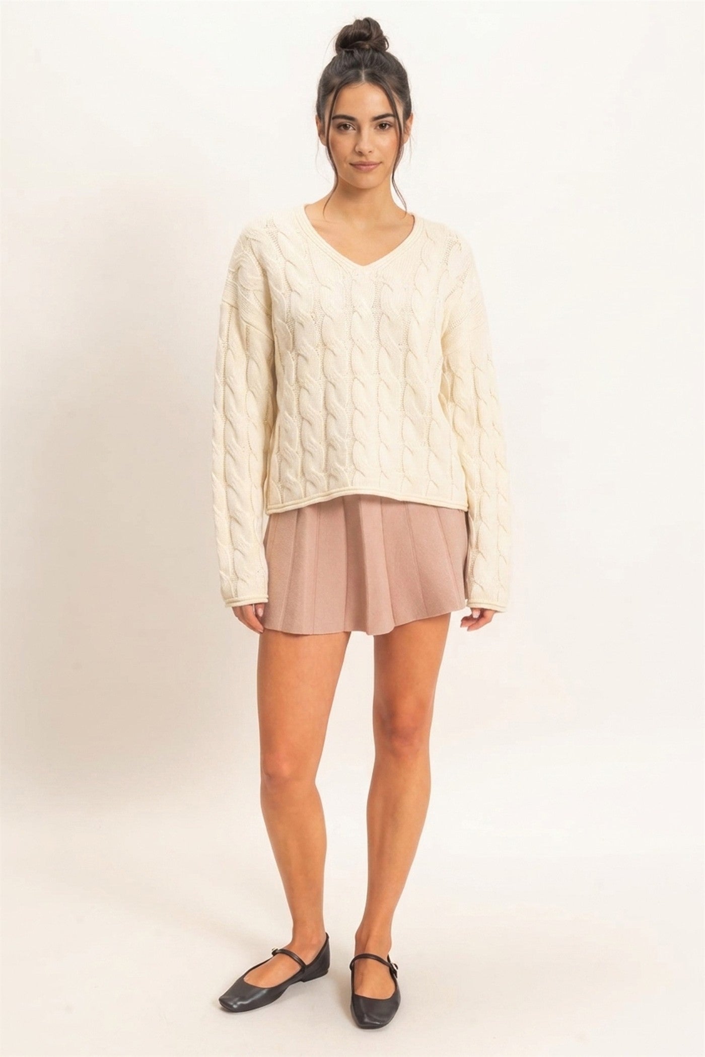 Wholesale Cable Knit V-Neck Sweater Sweaters DZ26E087 CREAM DOUBLE ZERO