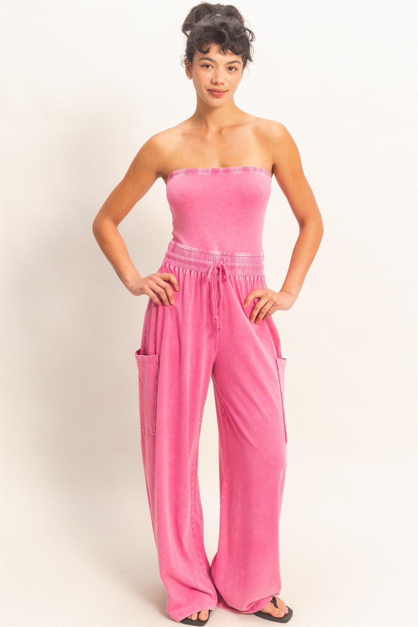 Wholesale Mineral Wash Strapless Wide-Leg Jumpsuit Clothing DZ26C376 FUCHSIA DOUBLE ZERO