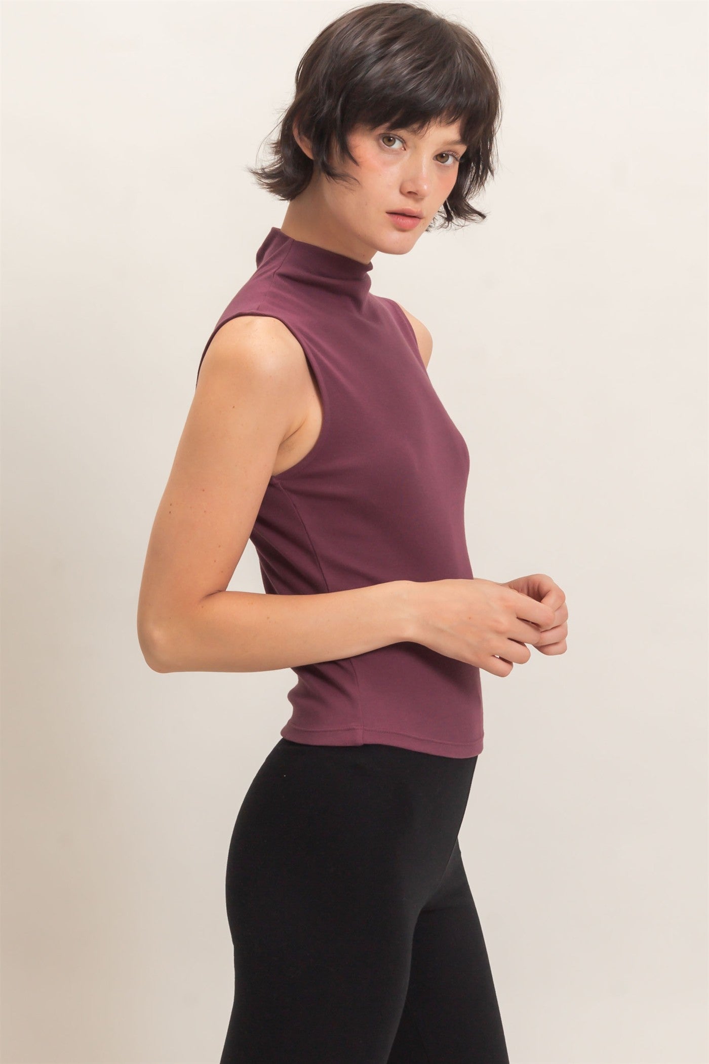 Wholesale Sleeveless Mock Neck Top Clothing Tops DZ26E397 DARK CHERRY DOUBLE ZERO
