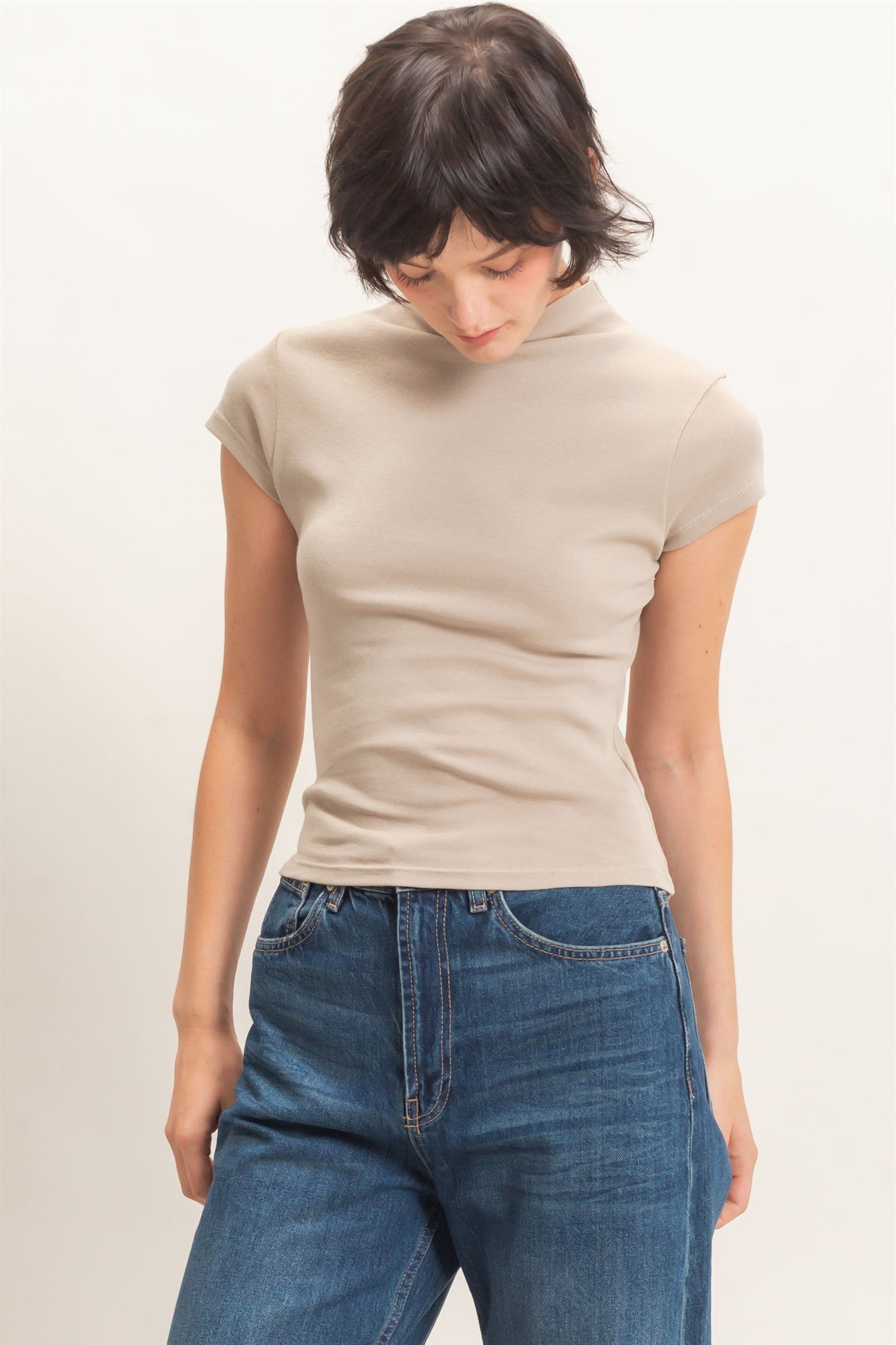 Wholesale Mock Neck Cap Sleeve Top Clothing Tops DZ26E323 WARM GRAY DOUBLE ZERO