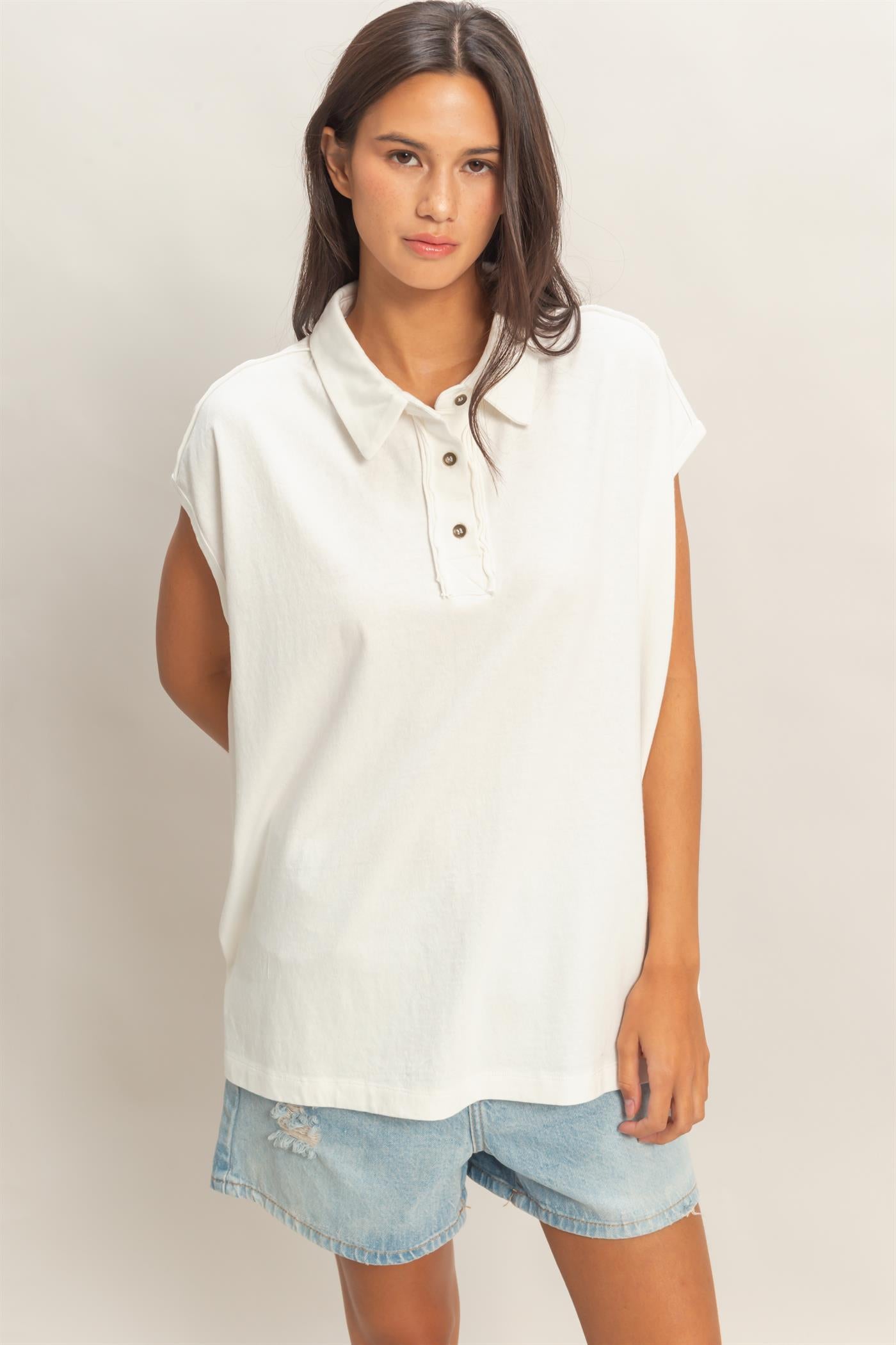 Wholesale Pigment Dye Sleeveless Polo Oversized Top Clothing Tops DZ26C618 OFF WHITE DOUBLE ZERO