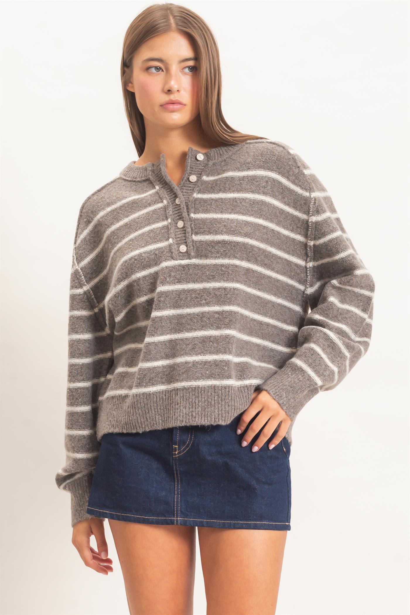Wholesale Stripe Henley Sweater Sweaters DZ26F002 ASH BROWN DOUBLE ZERO