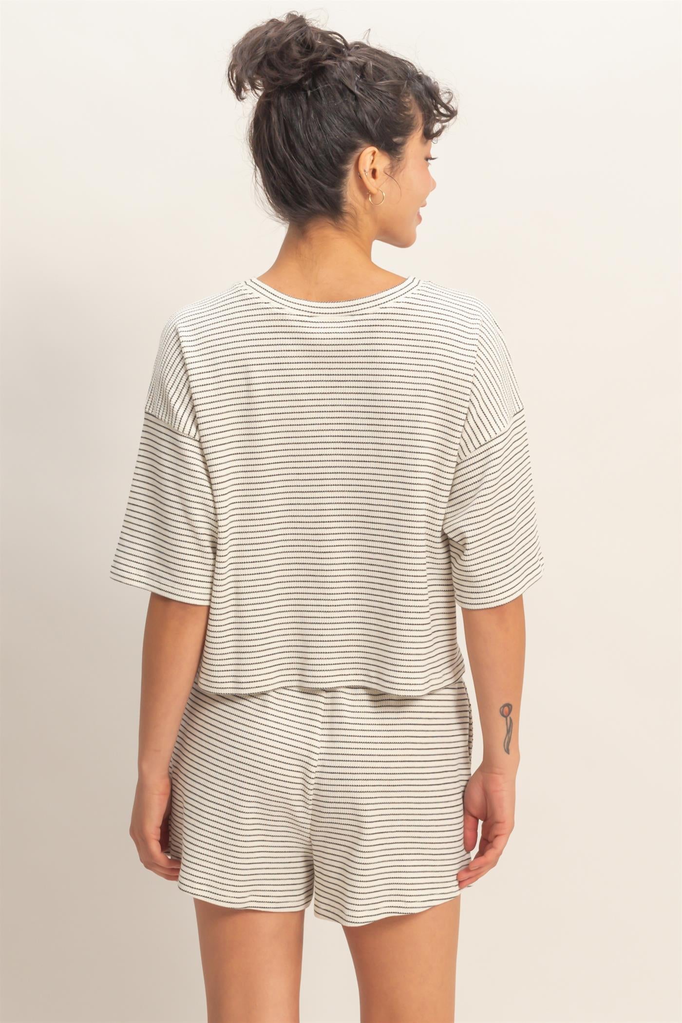 Wholesale Striped Round Neck Top & Shorts Set Clothing DZ26A045-SET CREAM DOUBLE ZERO