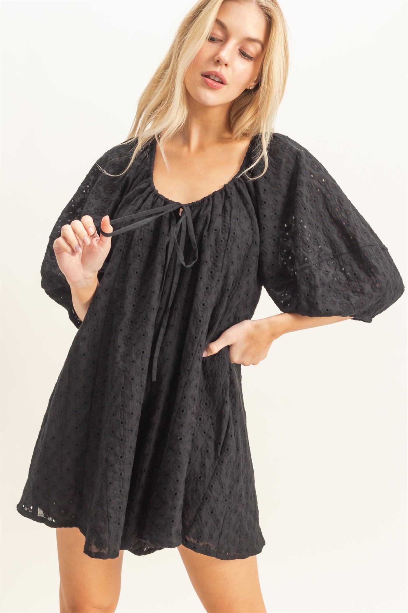 Wholesale Eyelet Babydoll Romper Clothing HF26A181 BLACK HYFVE