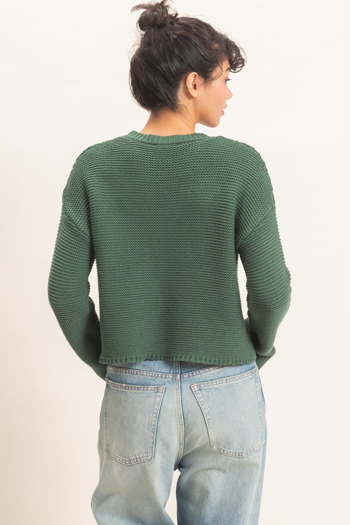 Wholesale Textured Knit Crew Neck Sweater Sweaters DZ26F395 DARK GREEN DOUBLE ZERO