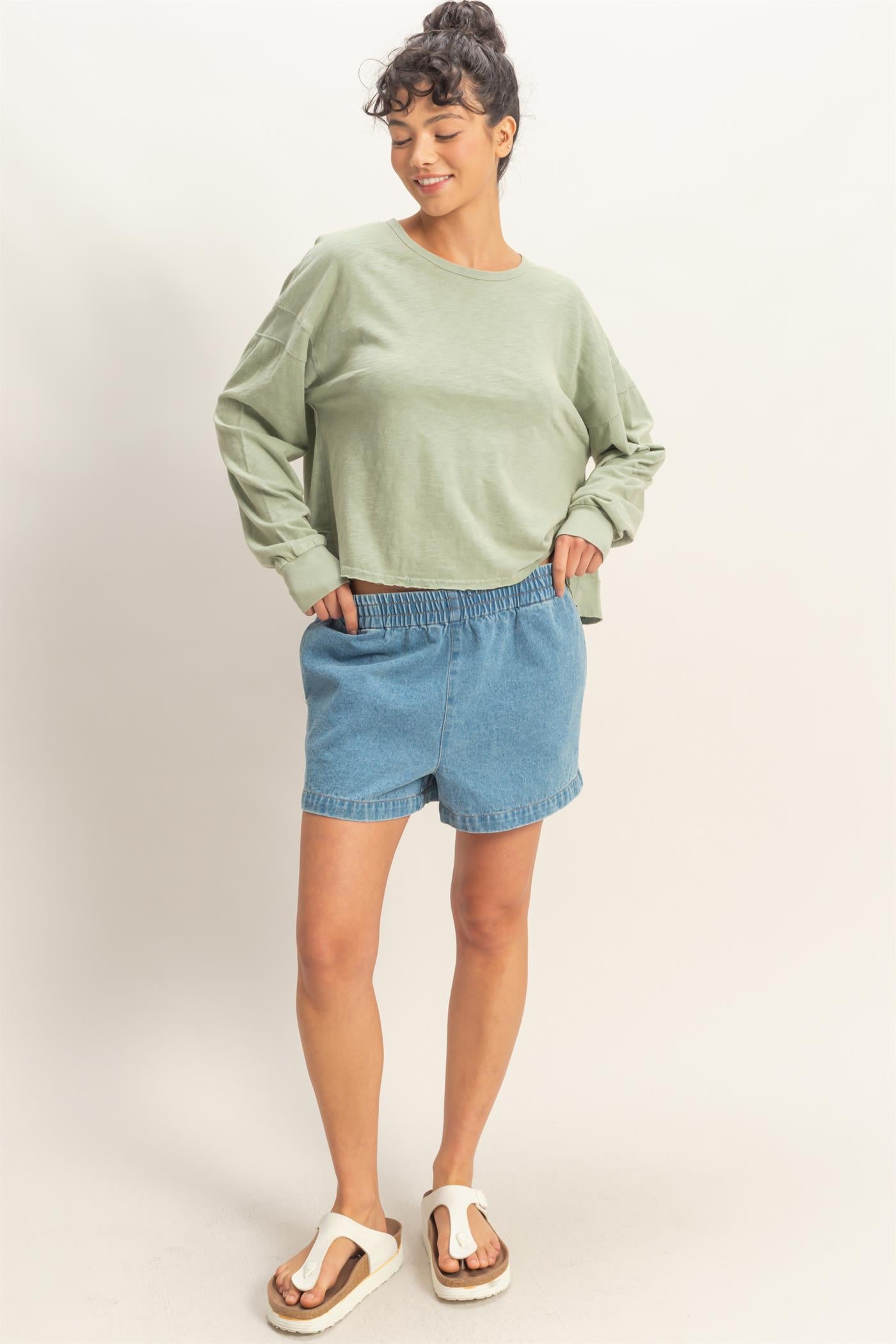 Wholesale Cross Detail Open Back Long-Sleeve Top Clothing Tops DZ26C731 SAGE GREEN DOUBLE ZERO