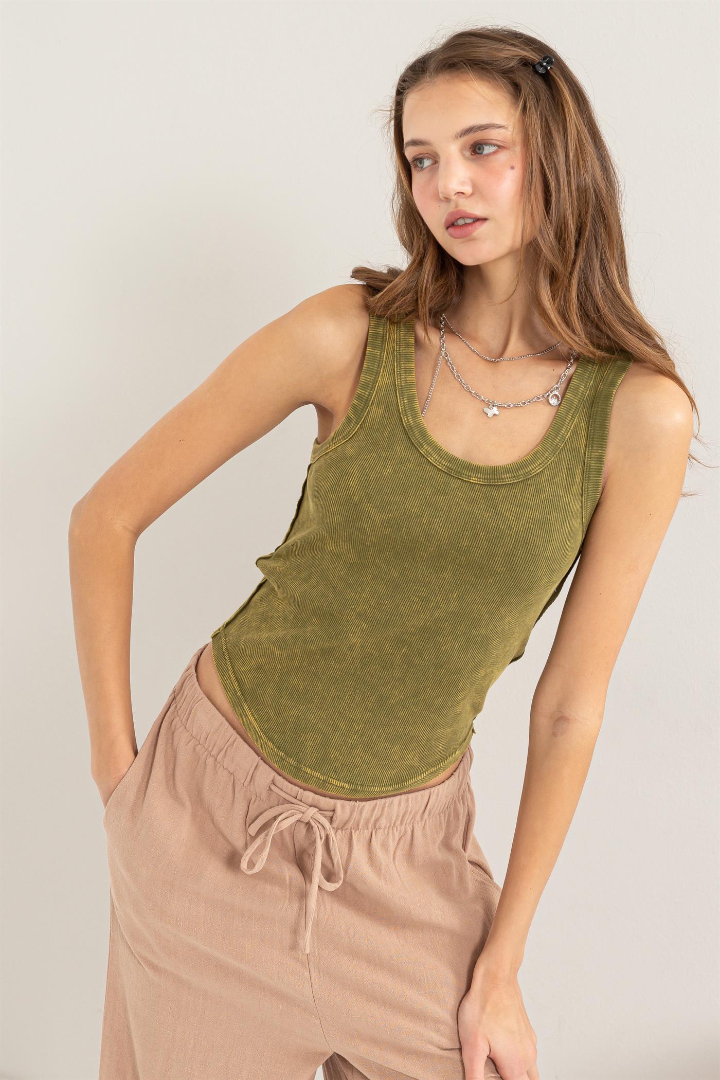 Wholesale Acid Washed Tank Top Clothing Tops DZ24A649-D MOSS DOUBLE ZERO