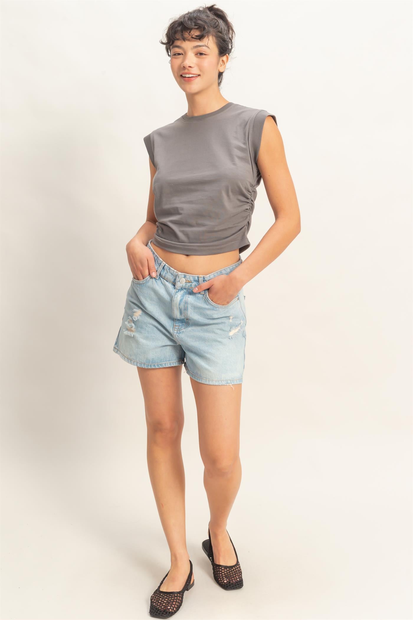 Wholesale Ruched Waist Sleeveless Cotton Top Clothing Tops DZ26C520 CHARCOAL DOUBLE ZERO
