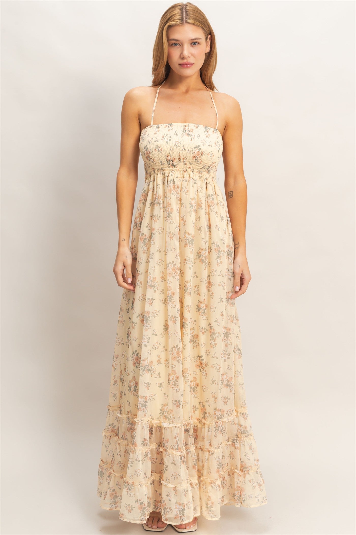 Wholesale Smocked Floral Maxi Dress Dresses HF26E648 BUFF YELLOW HYFVE