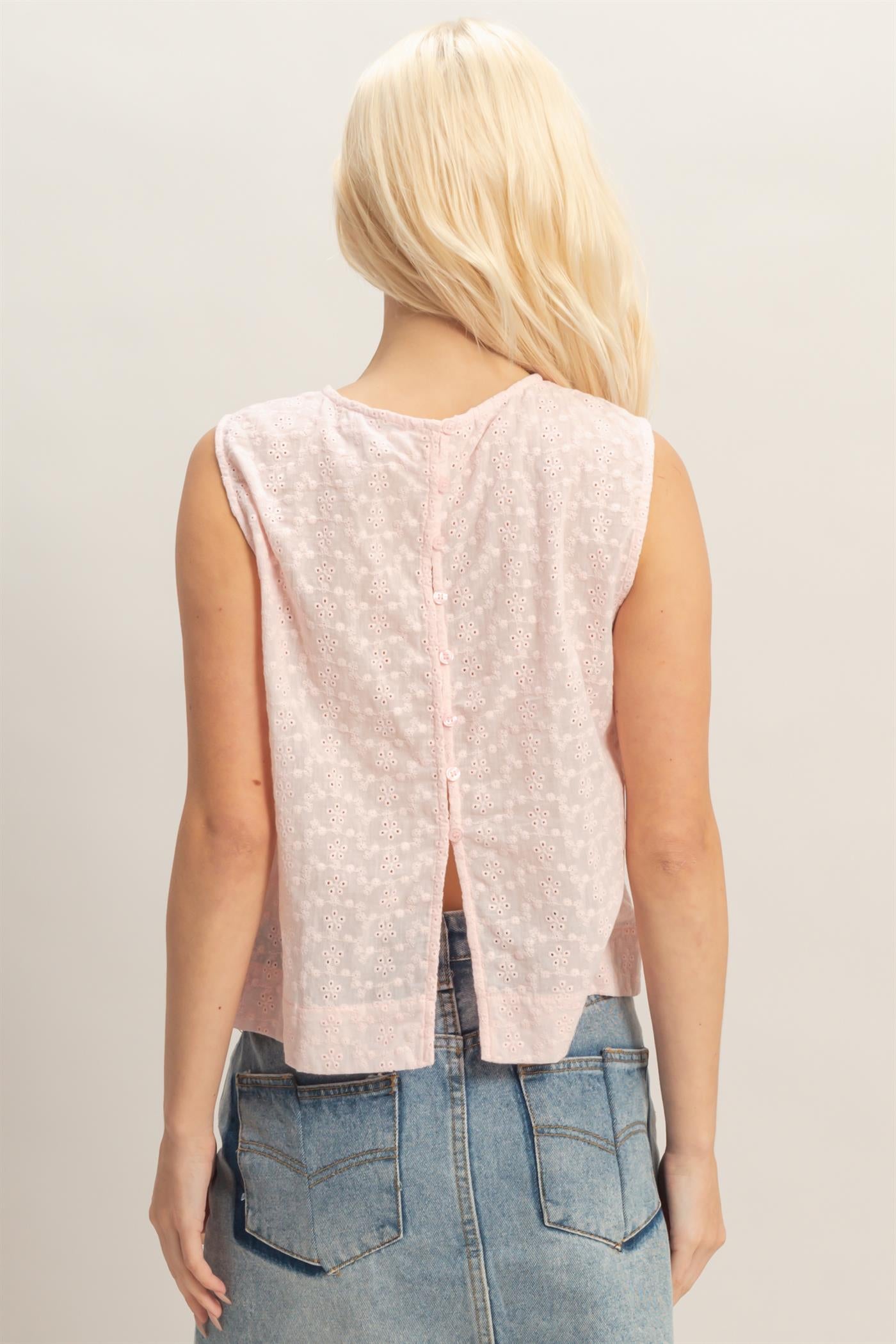 Wholesale Eyelet Sleeveless Top With Back Buttons Clothing Tops DZ26C541 SOFT PINK DOUBLE ZERO