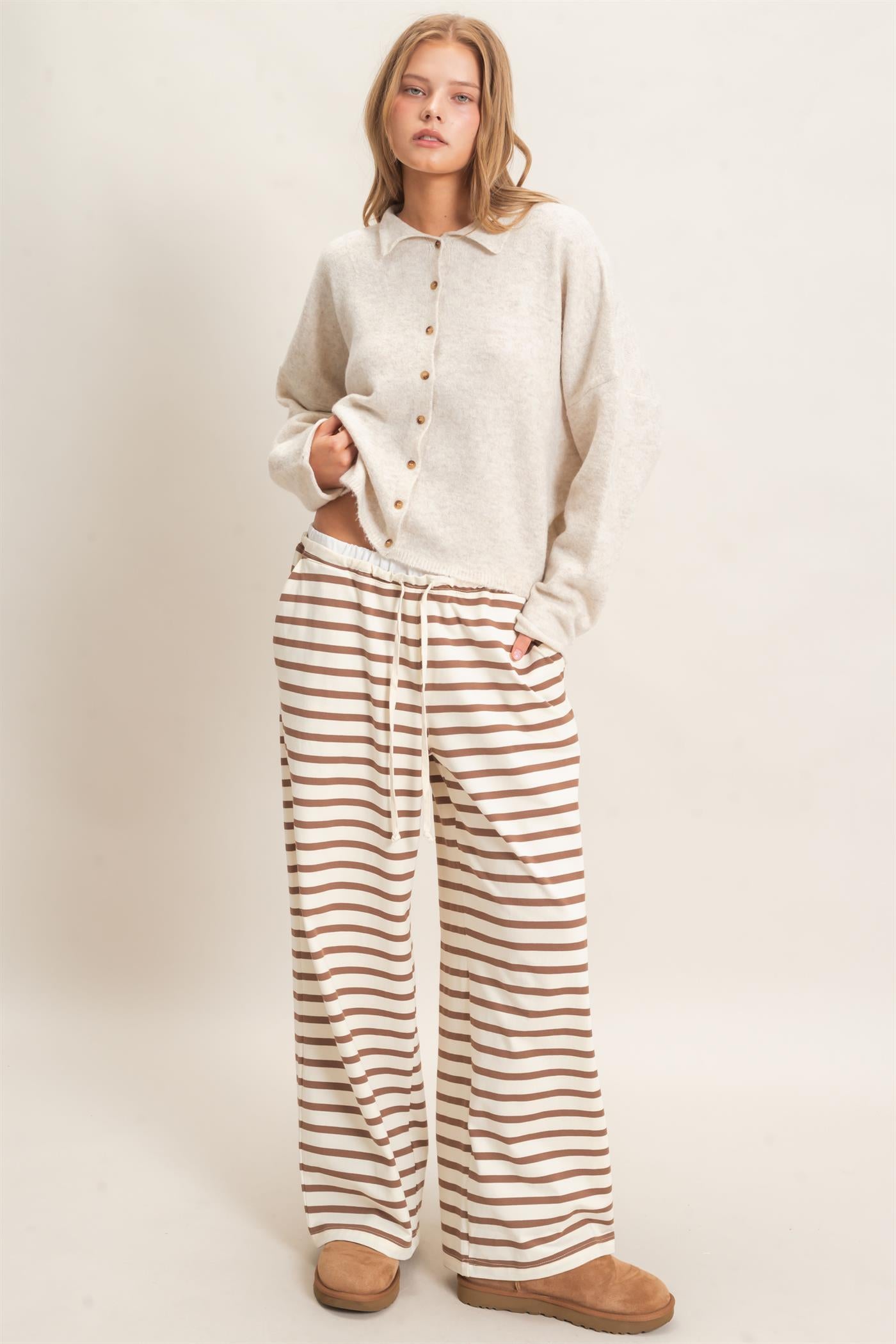 Wholesale Striped Wide-Leg Pants Pants HF26F229-D CREAM/ BROWN HYFVE