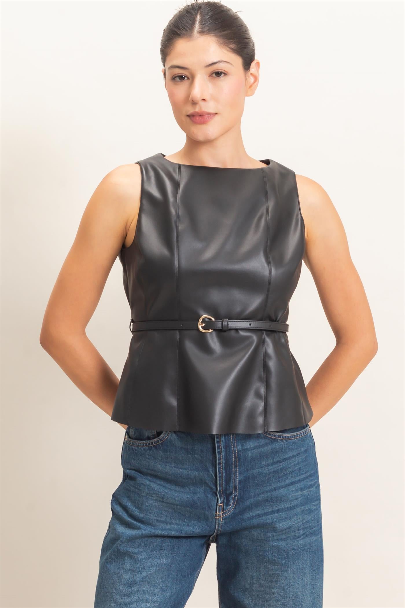 Wholesale Sleek Faux Leather Belted Top Clothing Tops HF26E543 BLACK HYFVE