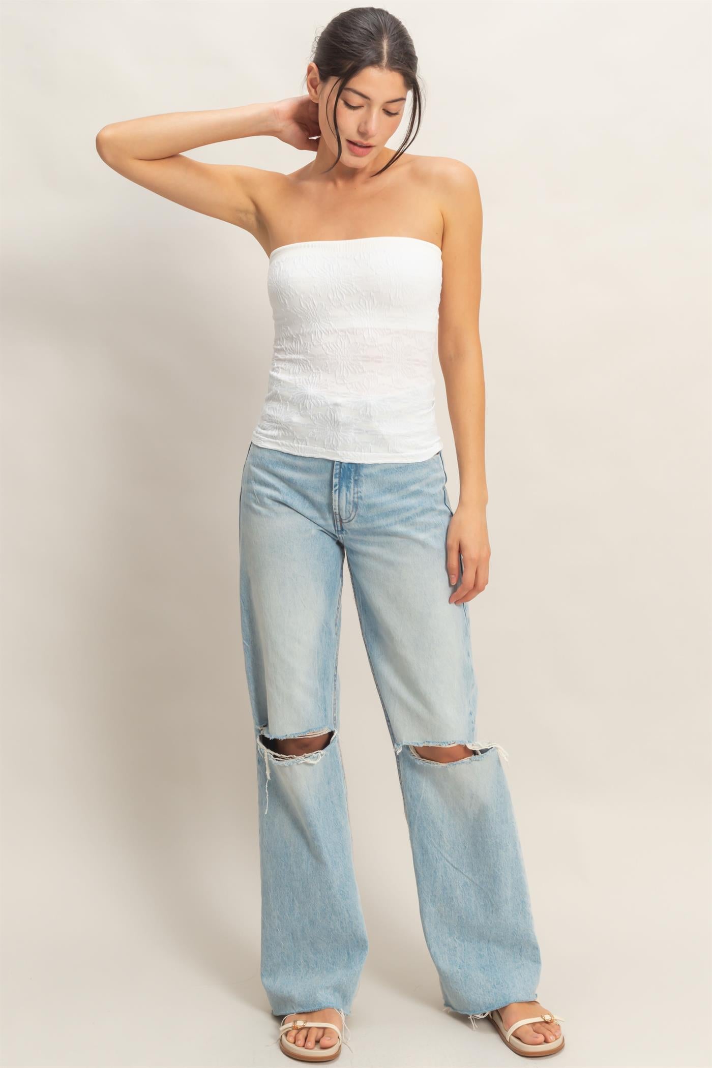 Wholesale Strapless Jacquard Top Clothing Tops HF26E219 WHITE HYFVE