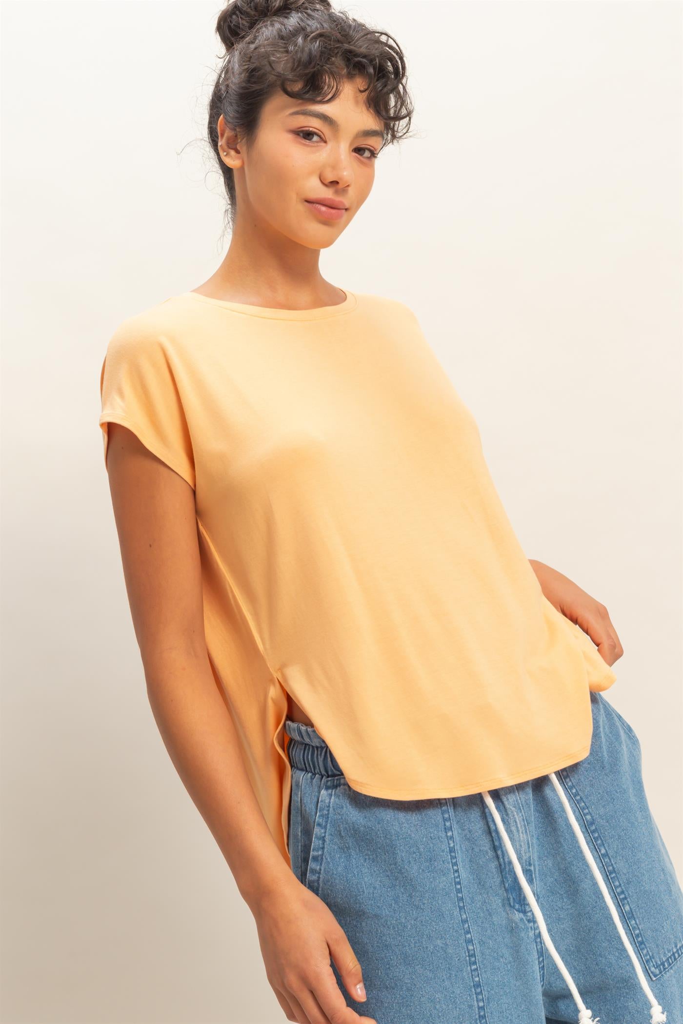 Wholesale Relaxed Dolman Short Sleeve  Round Neck Top Shirts DZ26A270 APRICOT DOUBLE ZERO