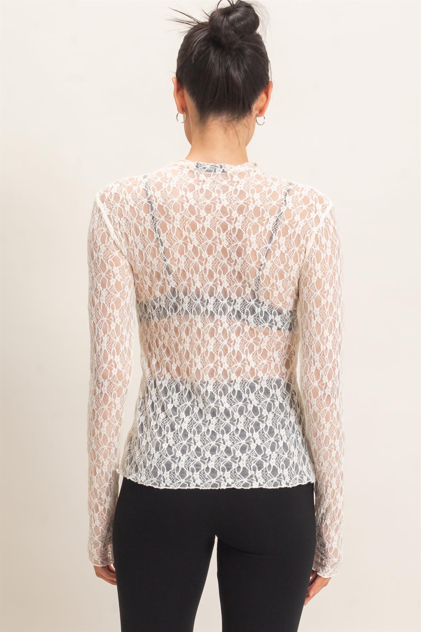 Wholesale Lace Mock Neck Long Sleeve Top Clothing Tops HF26E033-D CREAM HYFVE