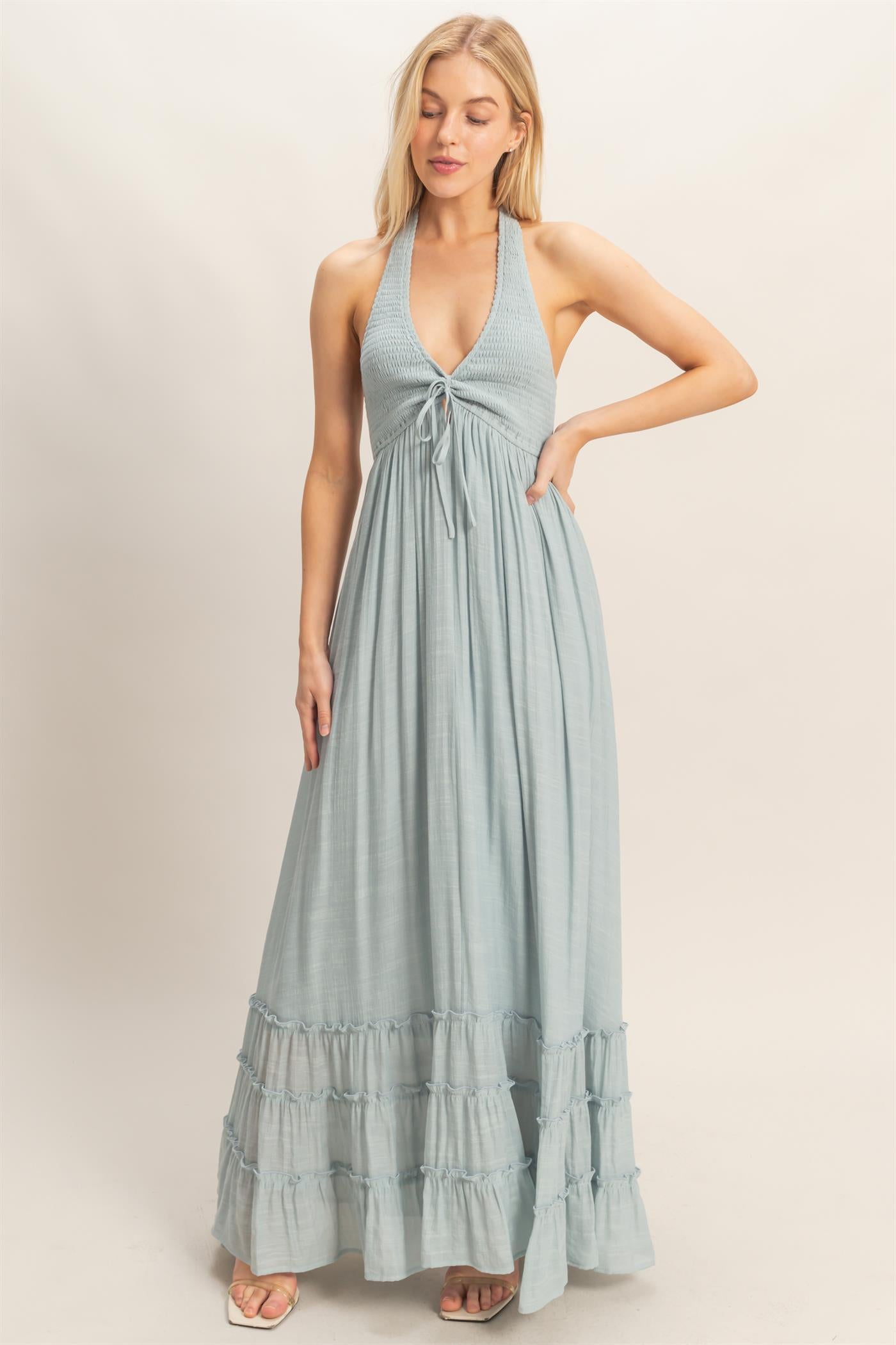 Wholesale Halter Neck Smocked Maxi Dress Dresses HF26C287-D D.BLUE HYFVE