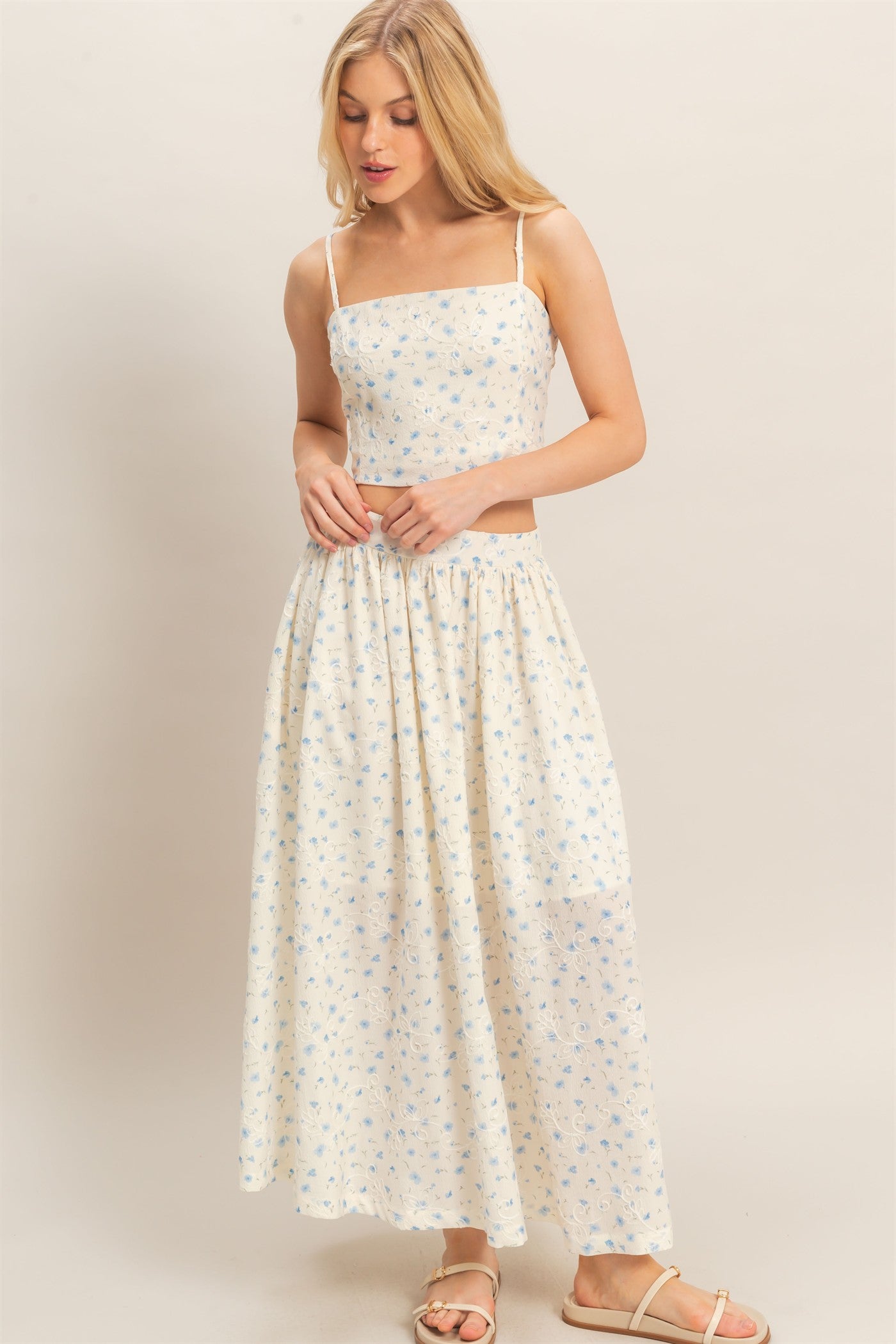 Wholesale Floral Embroidered Maxi Skirt Skirts HF26A150 BLUE HYFVE