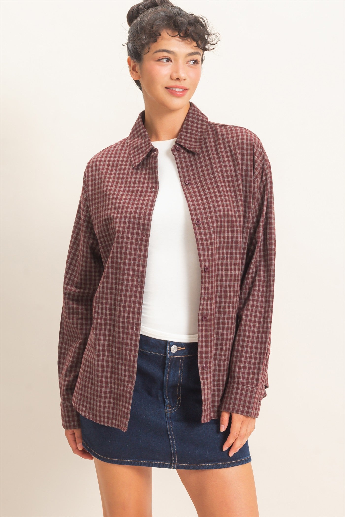 Wholesale Plaid Button-Up Shirt Shirts DZ26F012 BURGUNDY DOUBLE ZERO