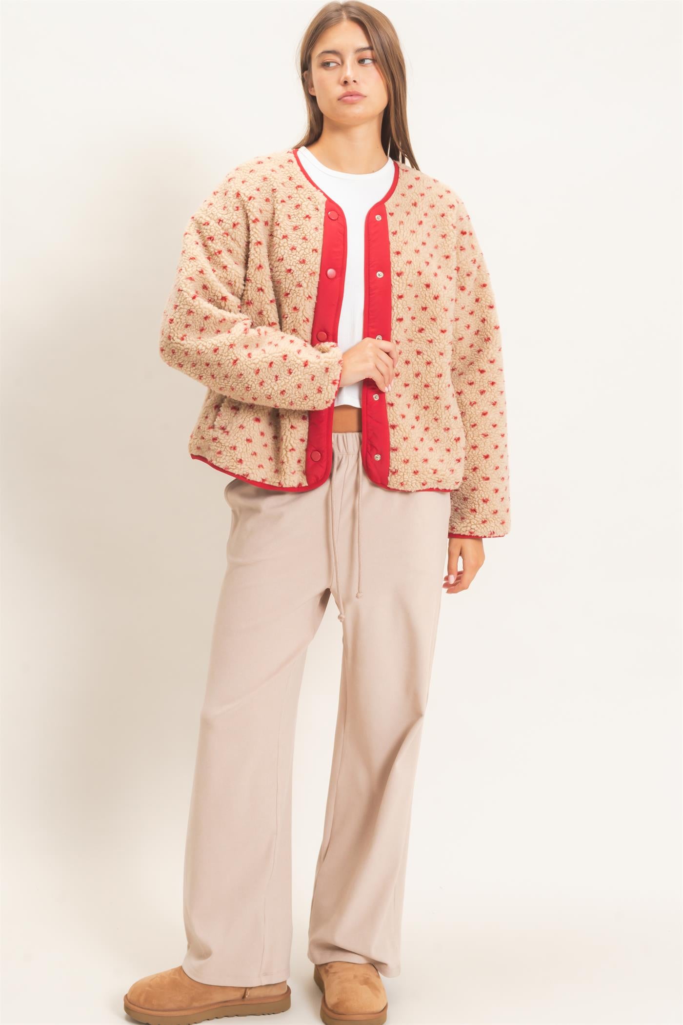 Wholesale Polka Dot Sherpa Jacket Coats & Jackets DZ26F160 RED DOUBLE ZERO