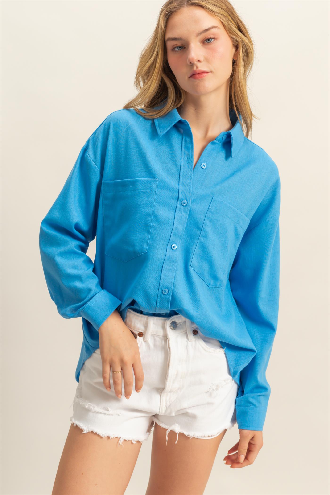 Wholesale Sand Washed Relaxed Long Sleeve Shirt Clothing Tops DZ24C609 BLUE DOUBLE ZERO