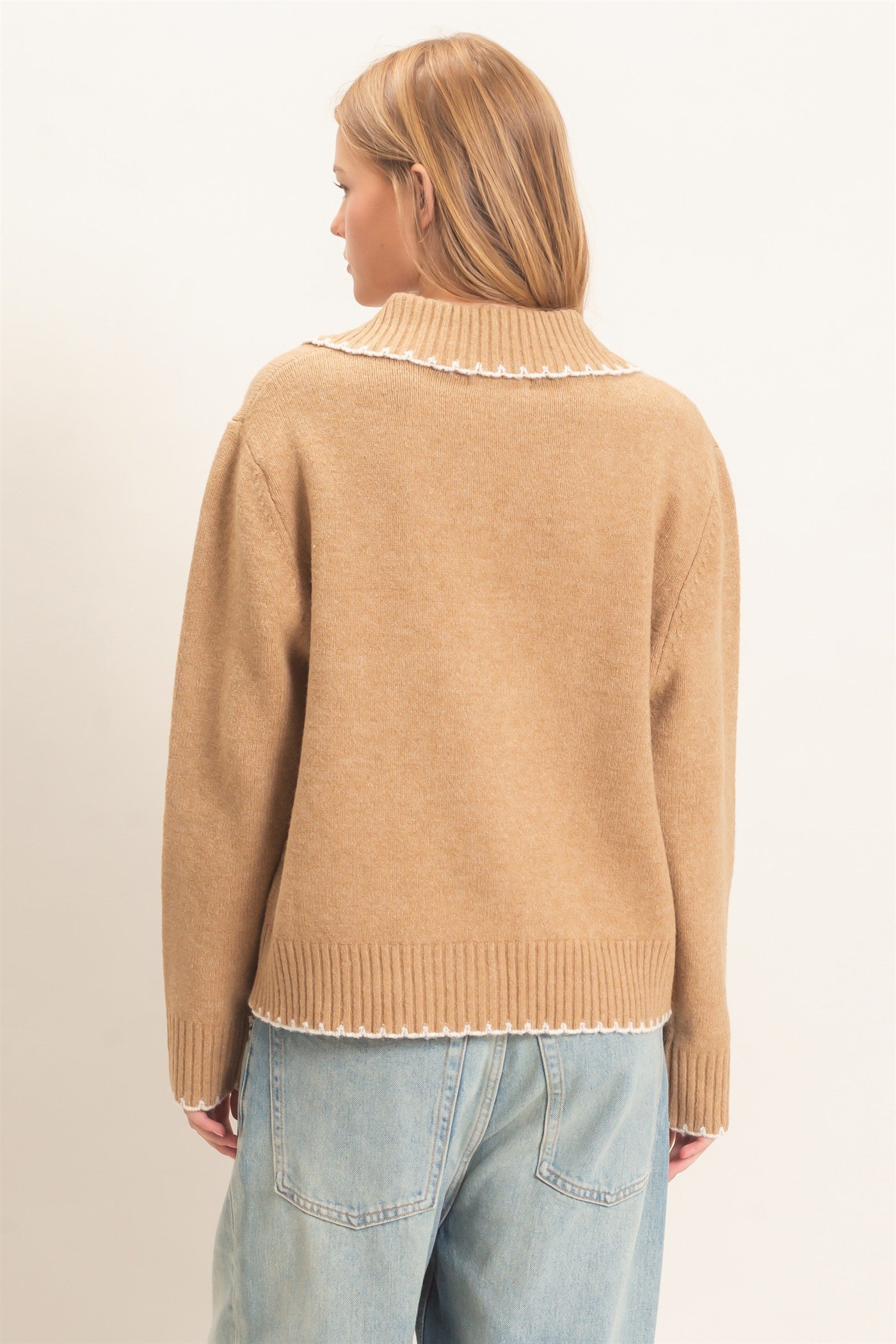 Wholesale Blanket Stitch Collared Cardigan Cardigans HF26F356 CAMEL HYFVE