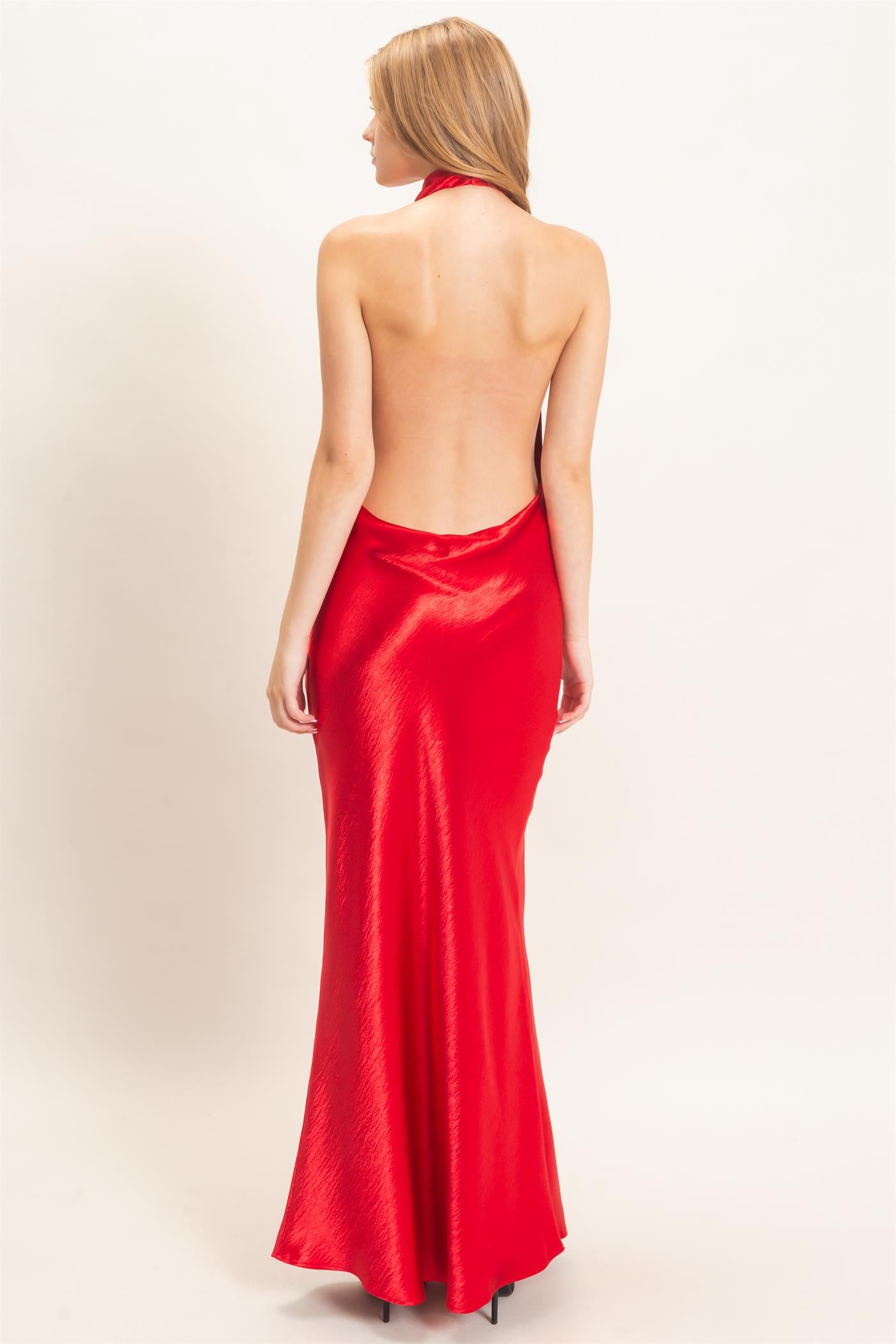 Wholesale Satin Cowl Neck Maxi Dress Dresses HF26F216-D RED HYFVE