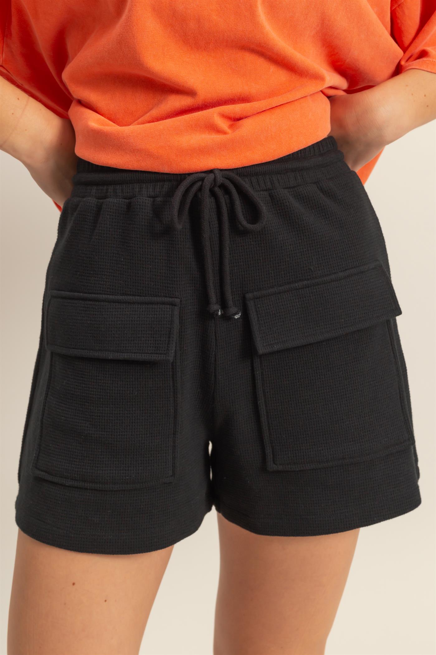 Wholesale Waffle Knit Front Pocket Shorts Shorts DZ25A793 BLACK DOUBLE ZERO
