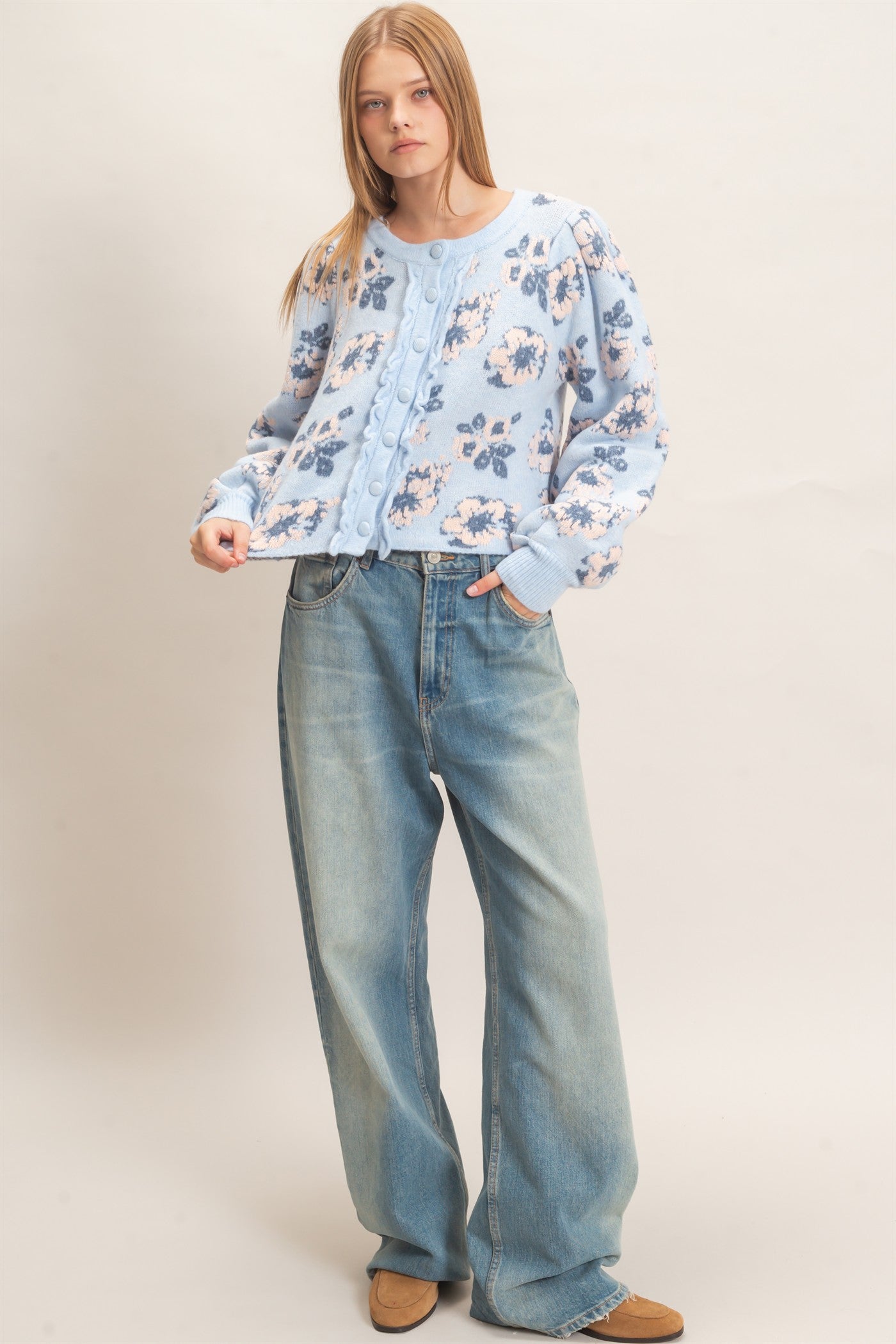Wholesale Floral Jacquard Ruffle Placket Cardigan Cardigans HF26F148 BLUE HYFVE