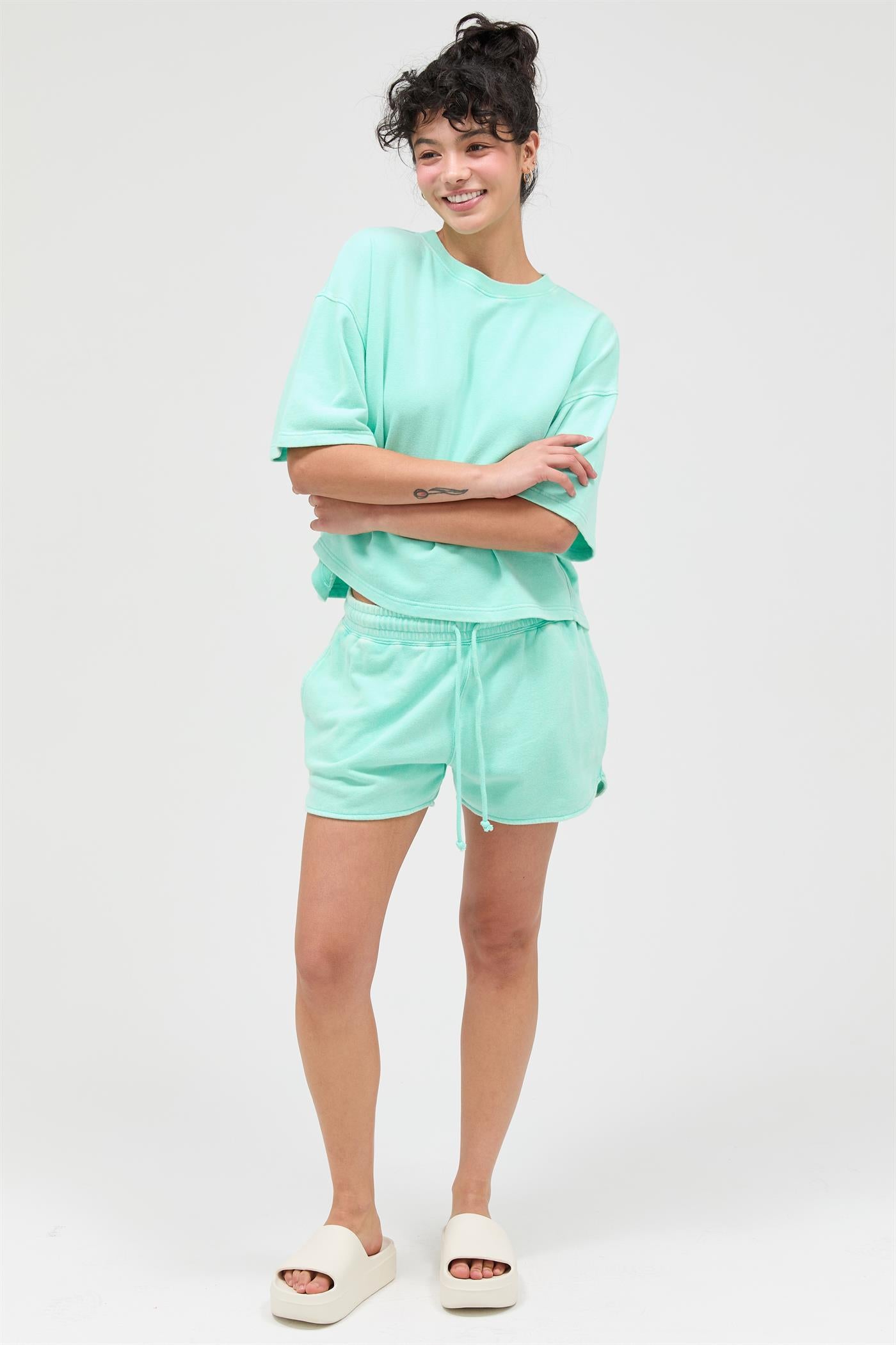 Wholesale Acid Wash Boxy Crew Neck Top T-Shirts DZ26C093 MINT DOUBLE ZERO