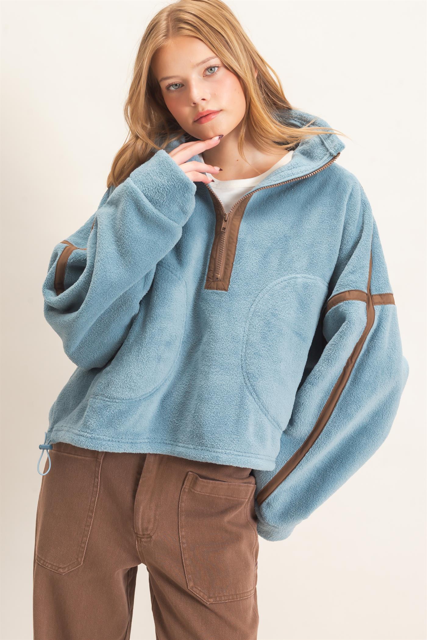 Wholesale Contrast Trim Half-Zip Fleece Pullover Outerwear HF26F206-D D.BLUE HYFVE
