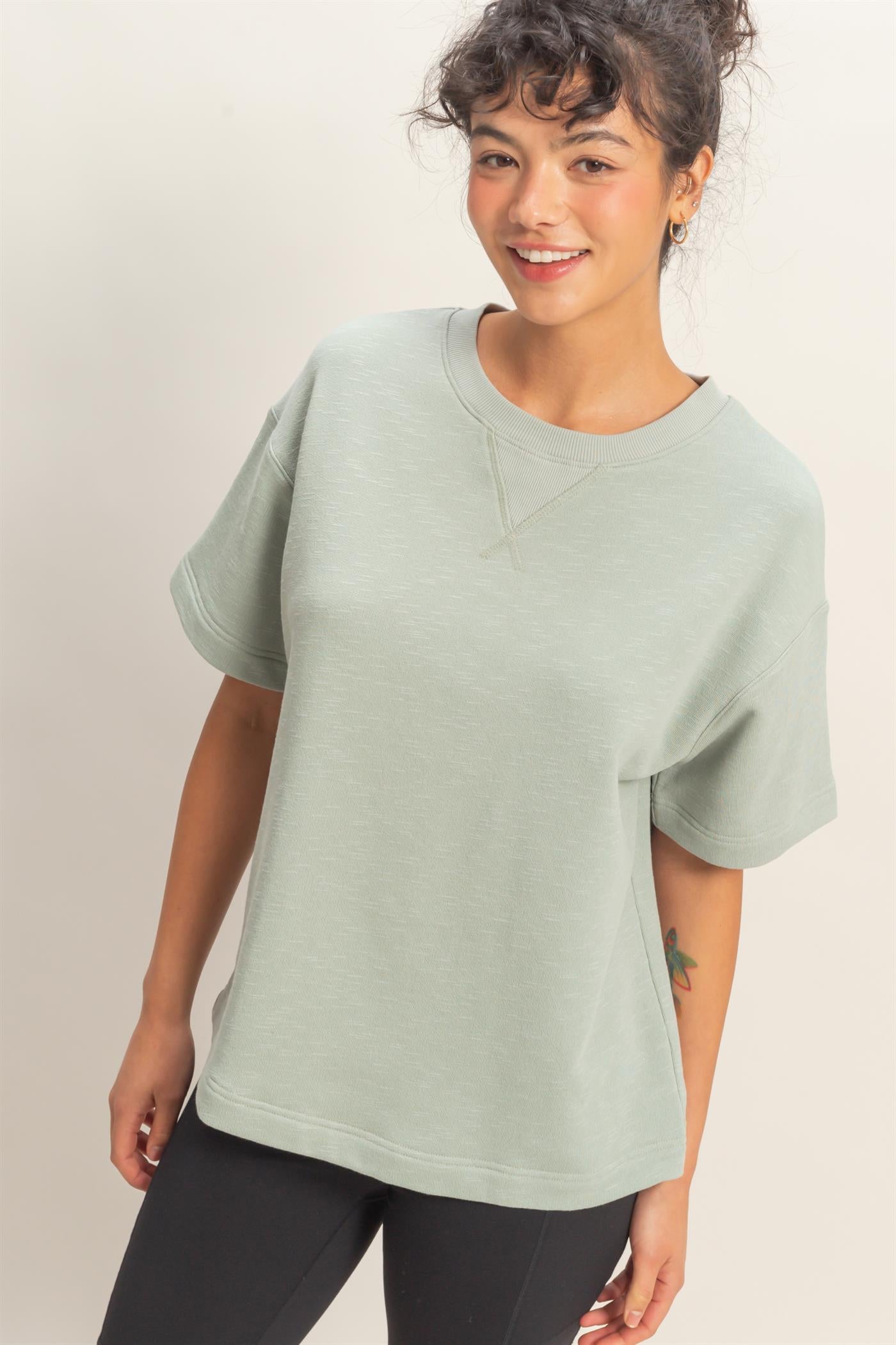 Wholesale Crew Neck Short Sleeve Top Clothing Tops DZ26A891 SAGE GREEN DOUBLE ZERO