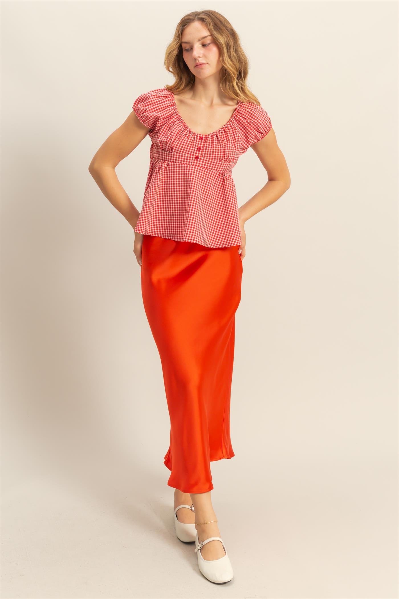 Wholesale Gingham Scoop Neck Cap Sleeve Blouse Blouses DZ25C042 RED DOUBLE ZERO