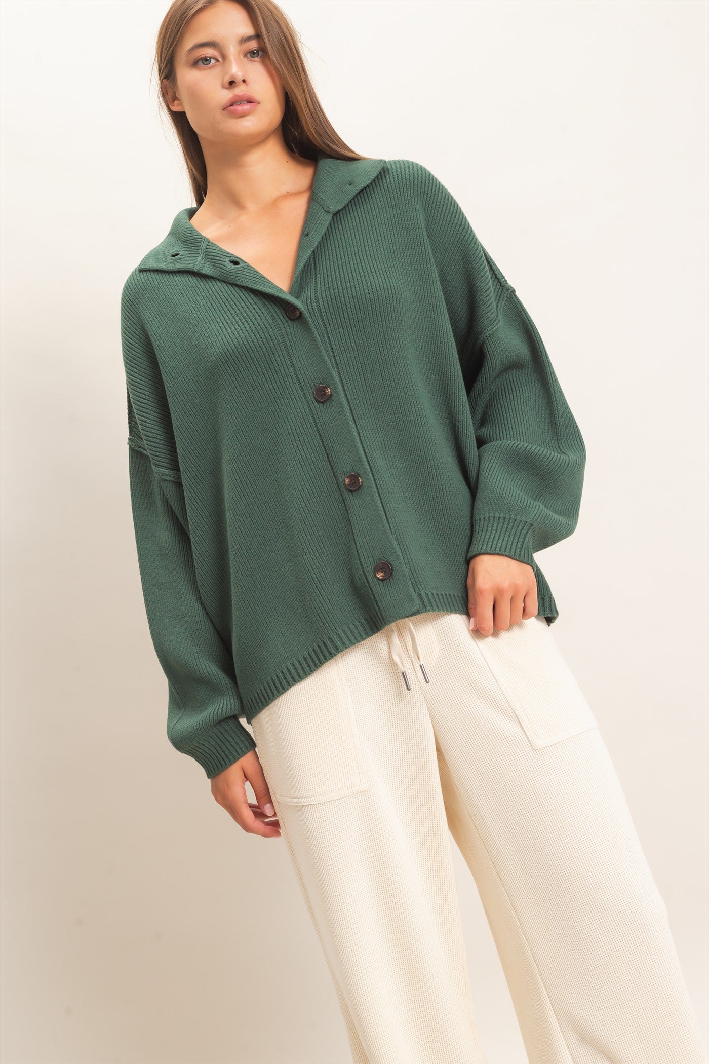 Wholesale High Neck Oversized Cardigan Cardigans DZ26E280 DARK GREEN DOUBLE ZERO