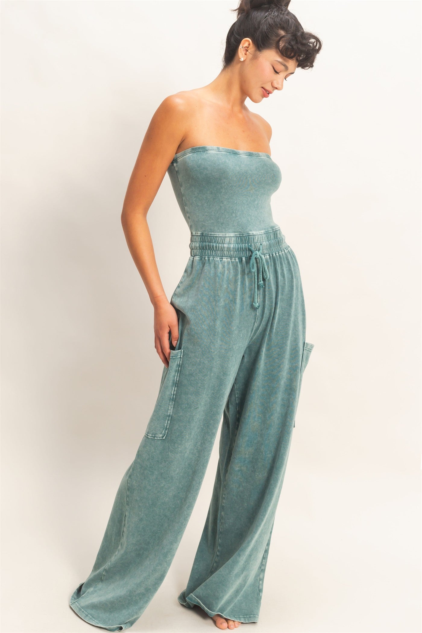 Wholesale Mineral Wash Strapless Wide-Leg Jumpsuit Clothing DZ26C376 DARK TEAL DOUBLE ZERO