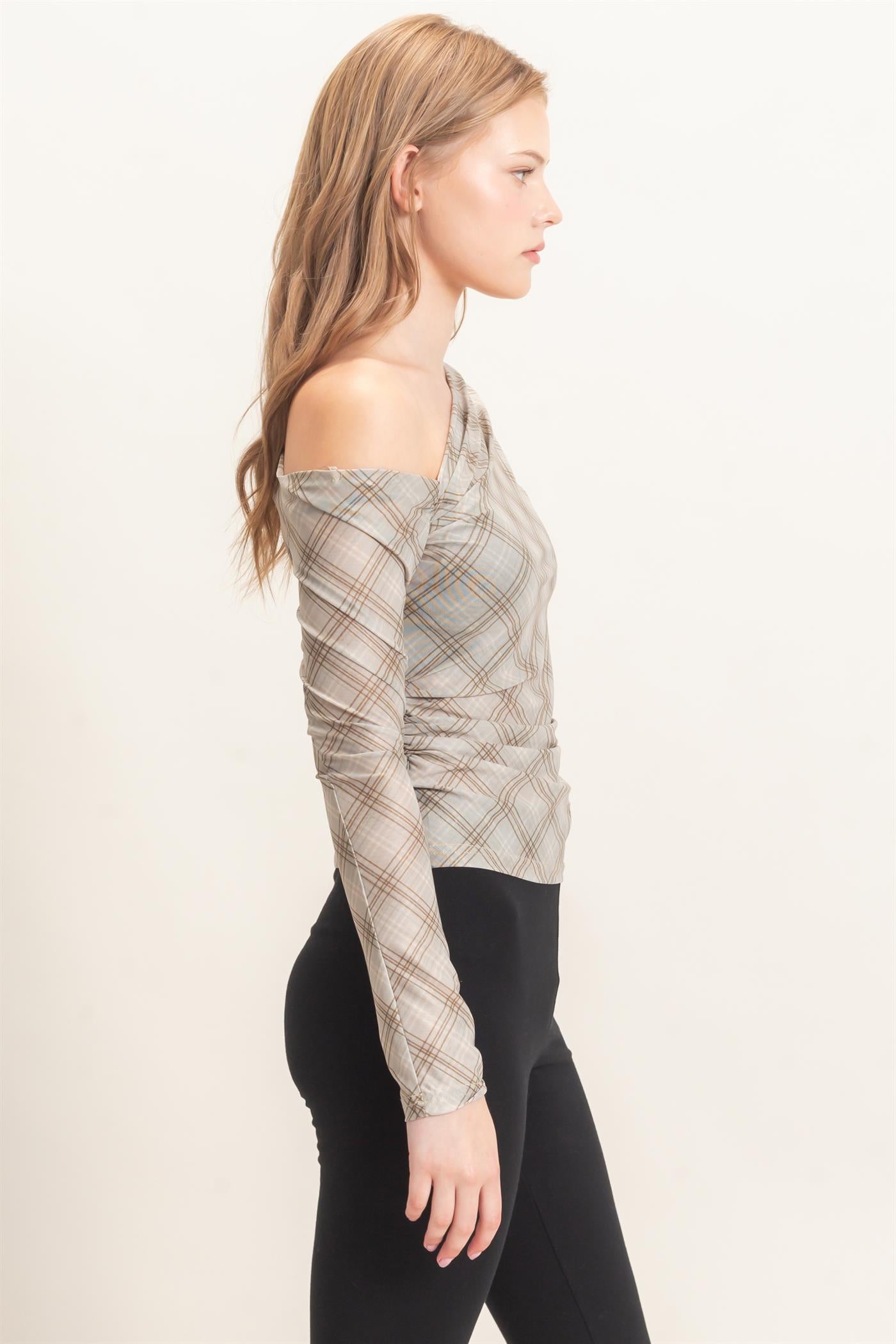 Wholesale Asymmetrical Plaid Off Shoulder Top Dresses HF26E710 SAGE HYFVE