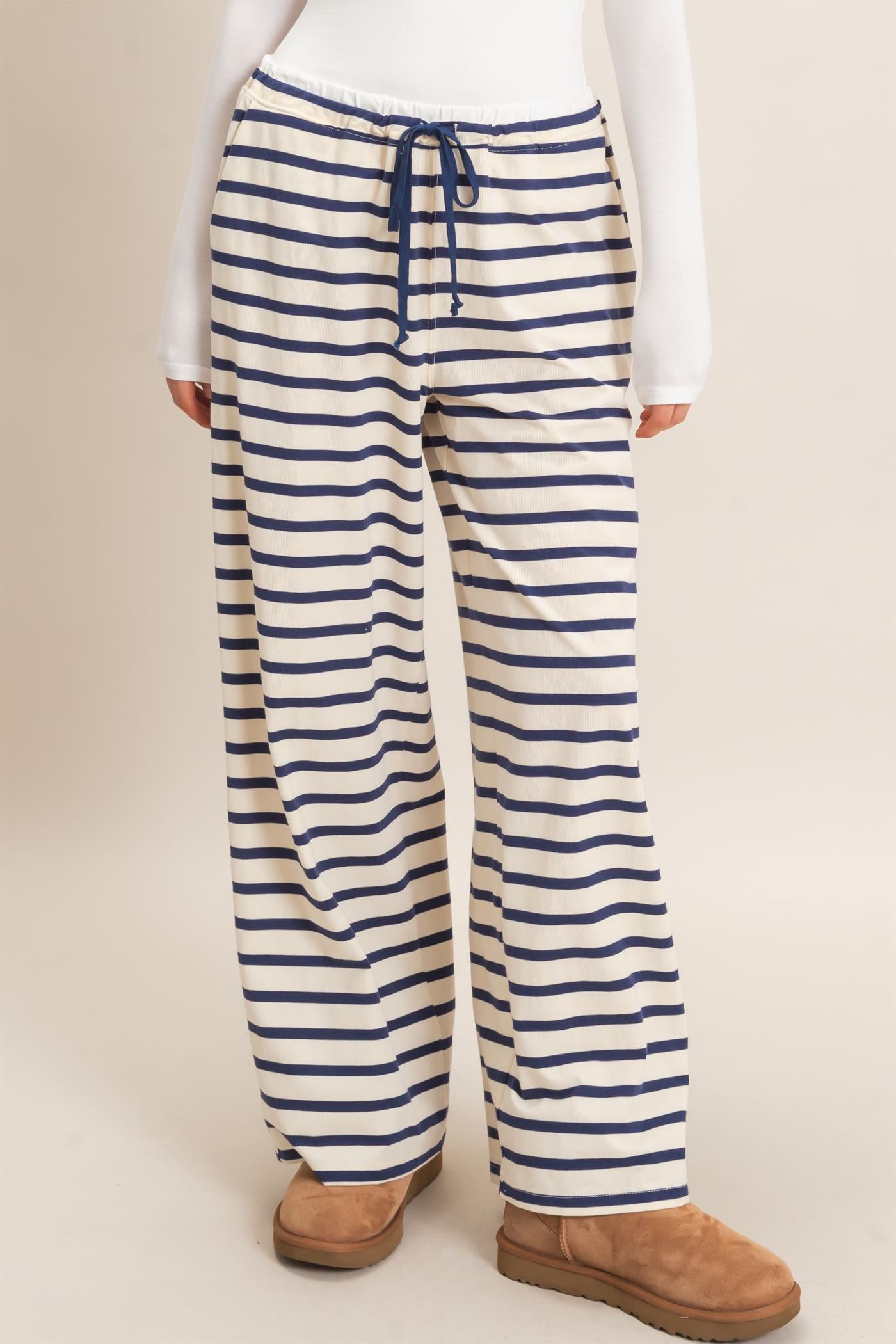 Wholesale Striped Wide-Leg Pants Pants HF26F229-D NAVY/CREAM HYFVE