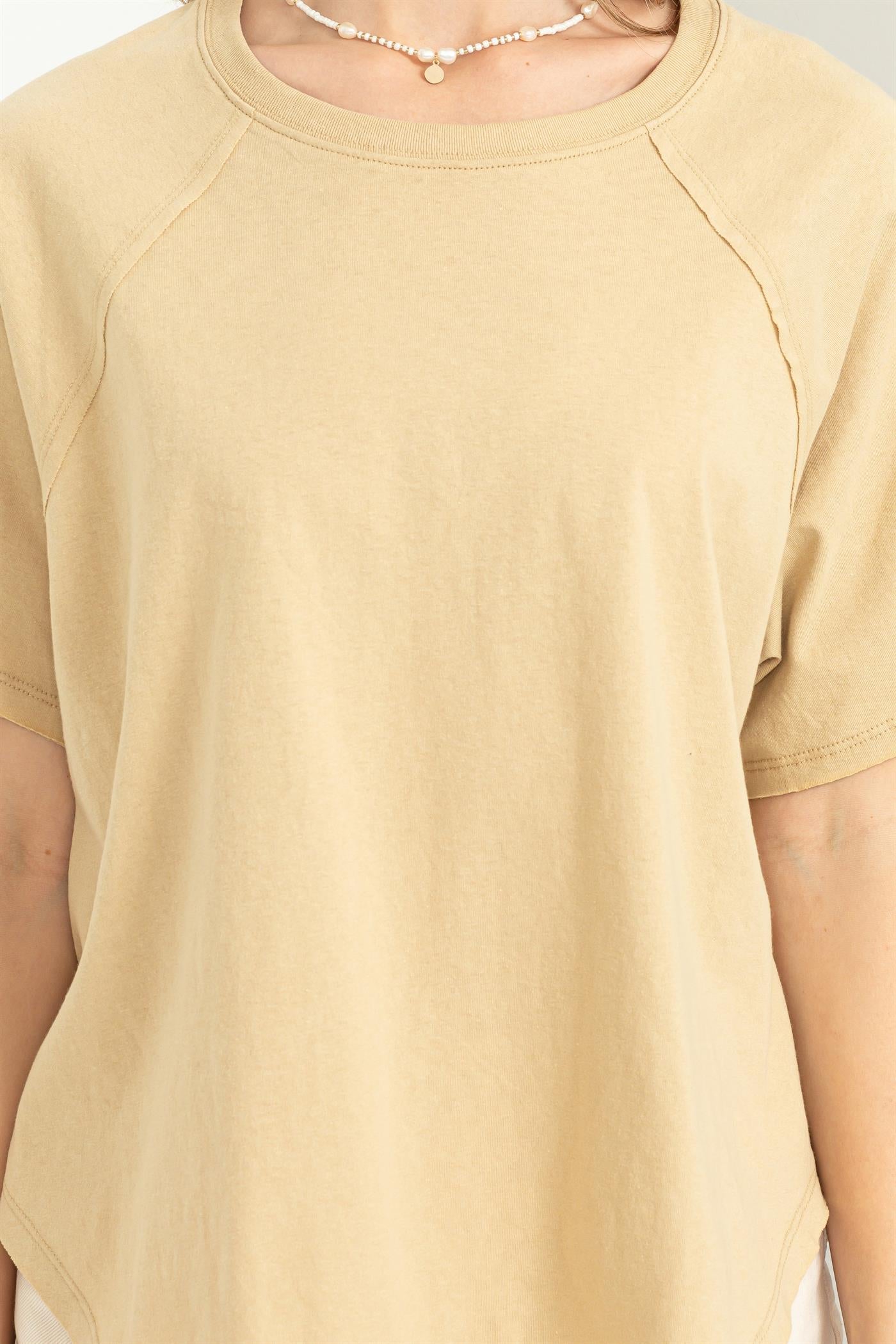 Wholesale Round Neck Curved Hem Short Sleeve T Shirt Clothing Tops DZ23C325 CAFFE LATTE HYFVE