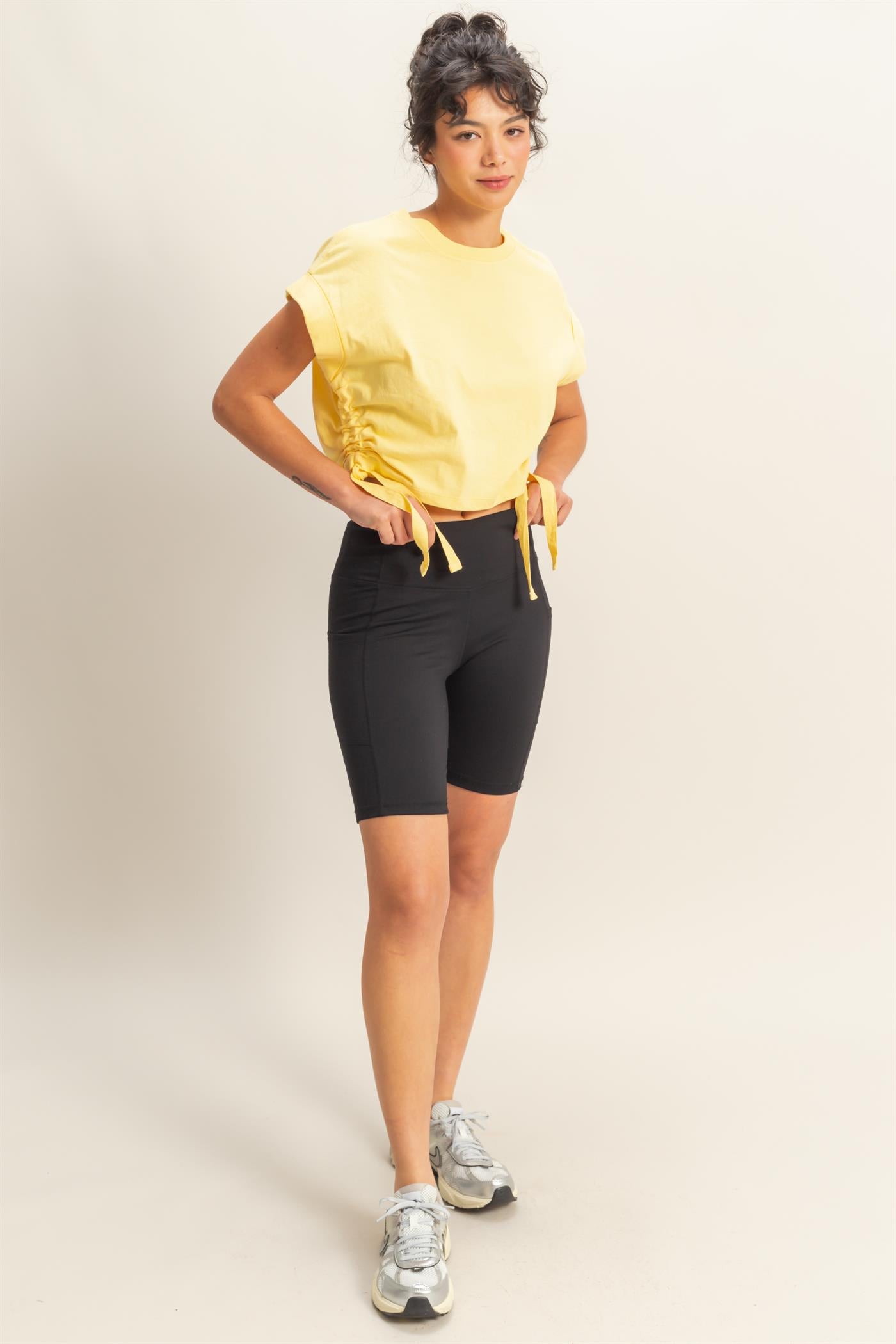Wholesale Short Sleeve Side Tie Detail Top Clothing Tops DZ25C113 CREAMY YELLOW DOUBLE ZERO