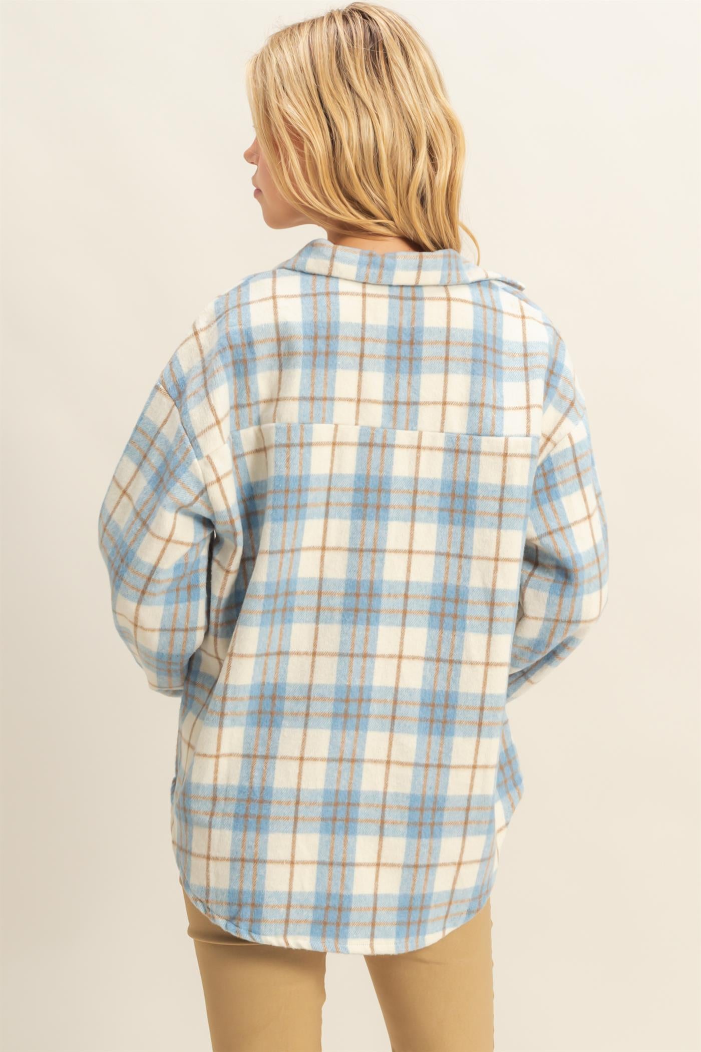 Wholesale Collared Plaid Shacket Shirts HF23G058 BLUE HYFVE