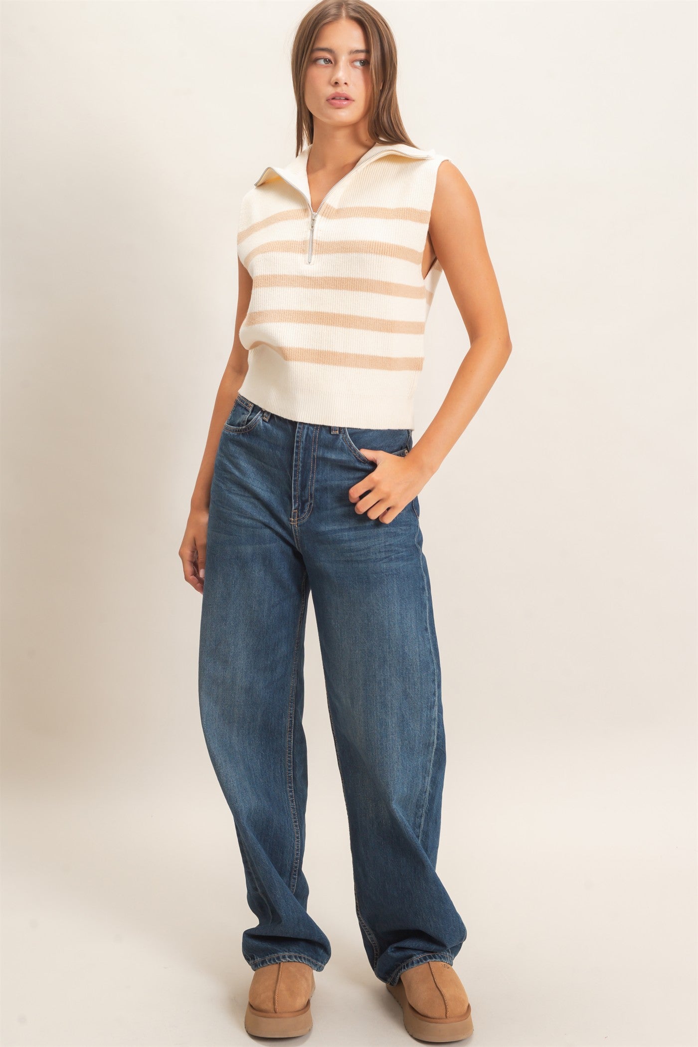 Wholesale Half-Zip Sleeveless Stripe Sweater Sweaters DZ26E951 TAUPE DOUBLE ZERO