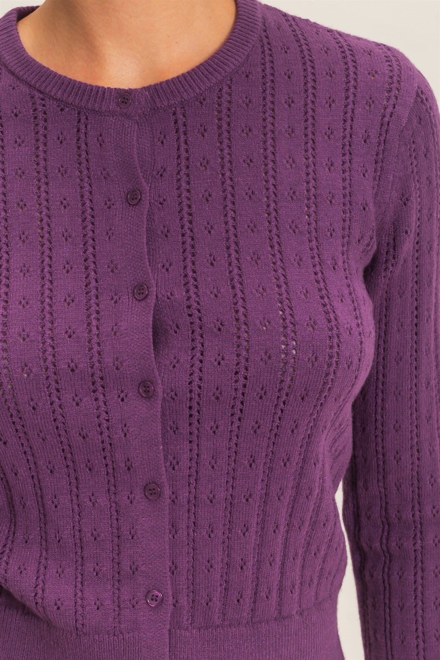 Wholesale Pointelle Button-Down Cardigan Cardigans DZ26E302 PLUM DOUBLE ZERO