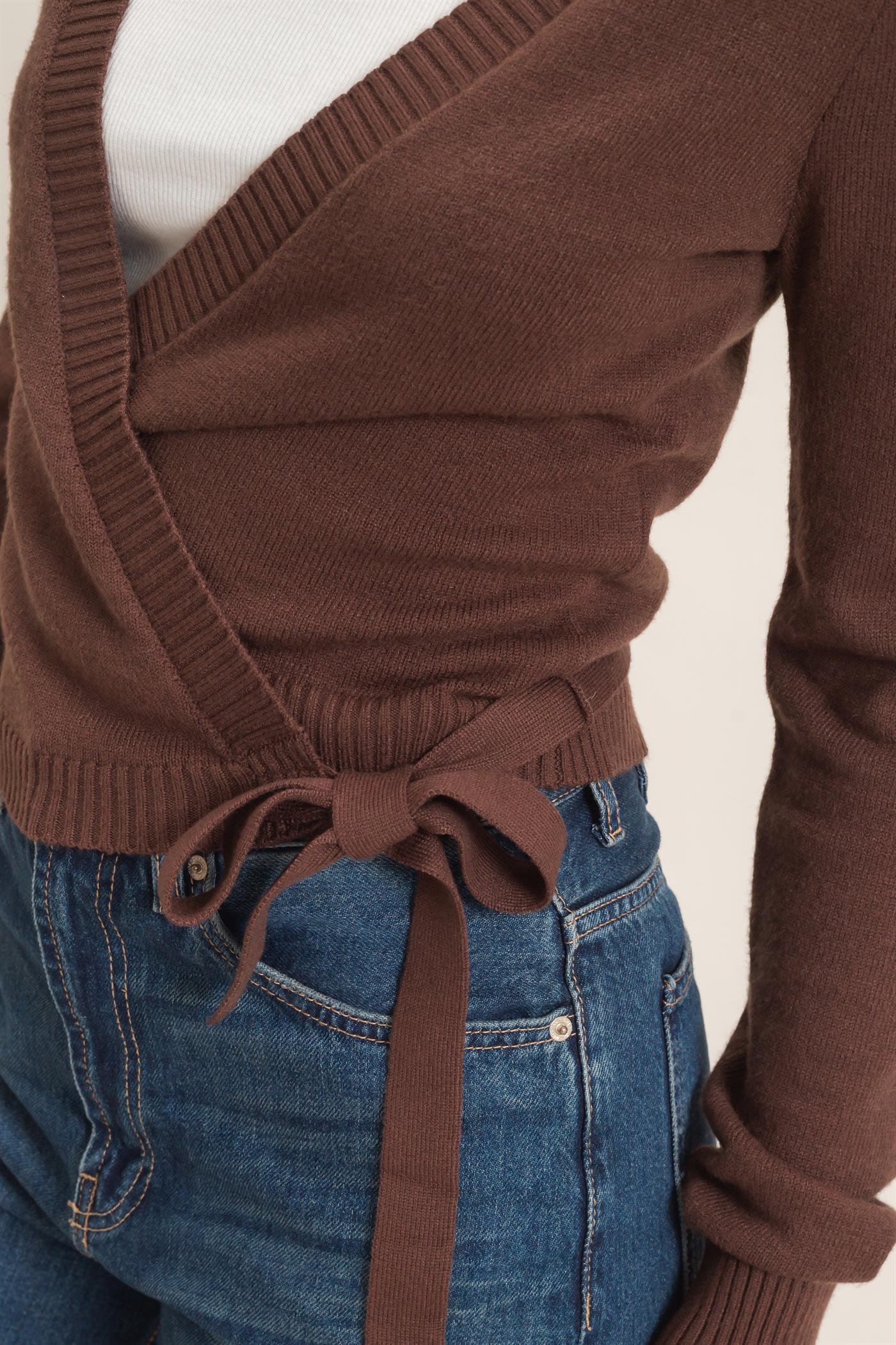 Wholesale Wrap Knit Cardigan Sweaters DZ26F393 DARK BROWN DOUBLE ZERO