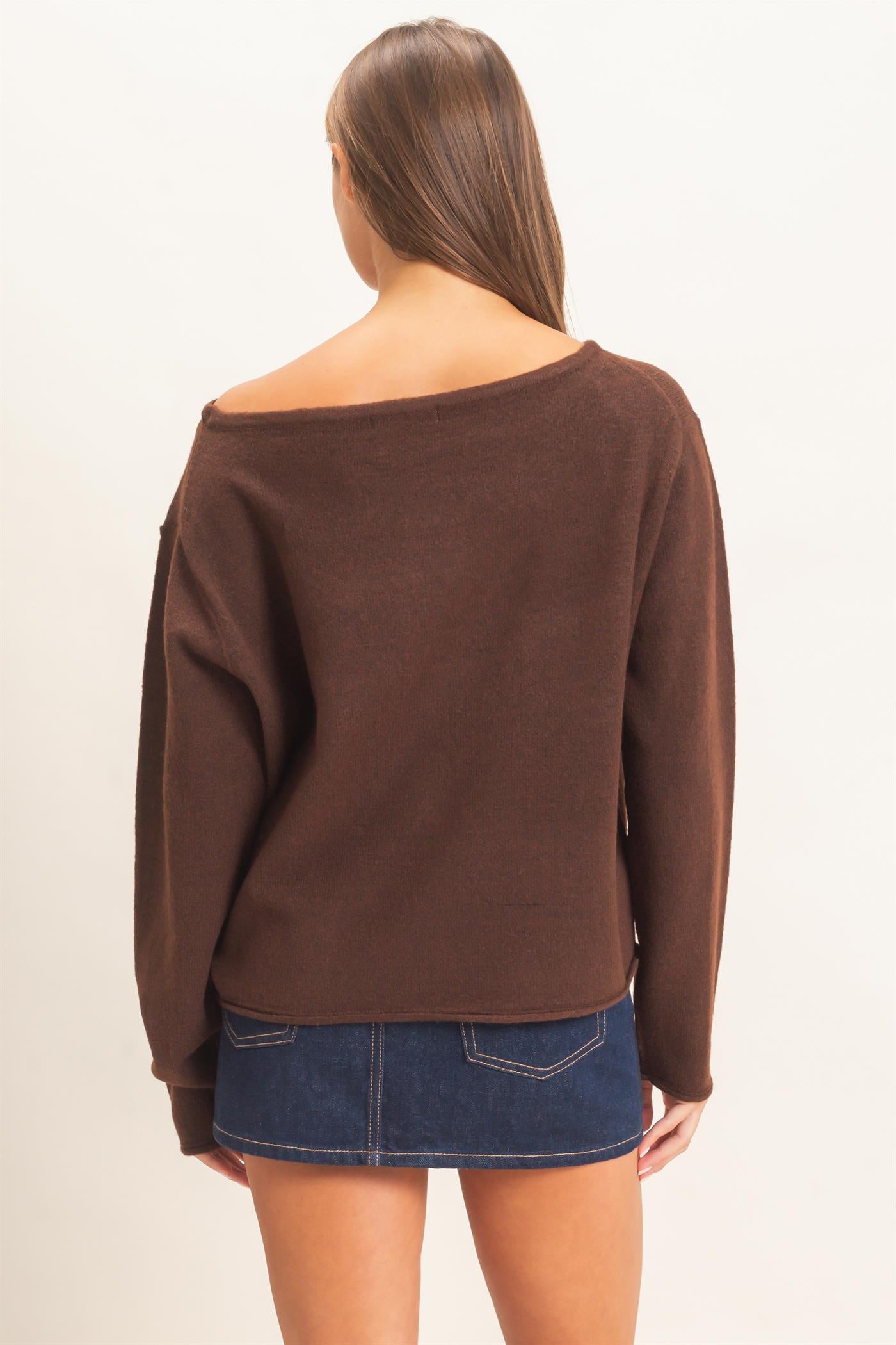 Wholesale Off The Shoulder Sweater Sweaters DZ26E652 DARK BROWN DOUBLE ZERO